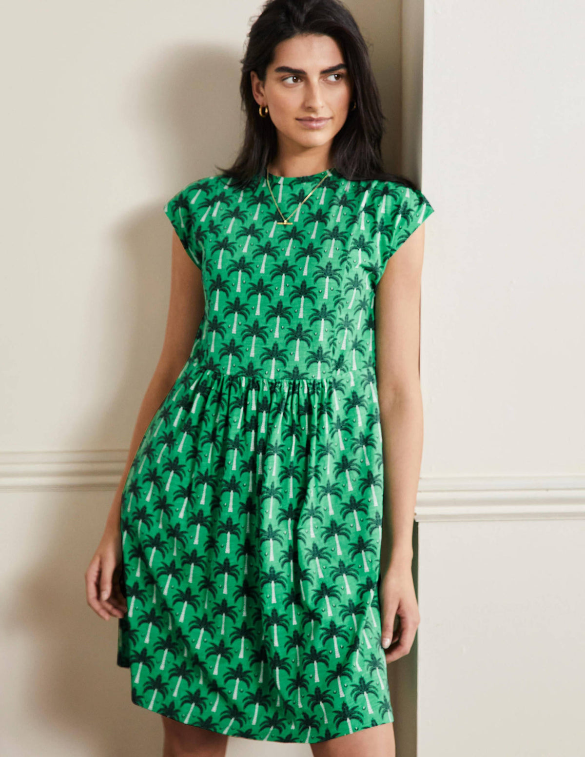 Jersey T-Shirt Dress-Green Lagoon, Paradise Palm - Image 1