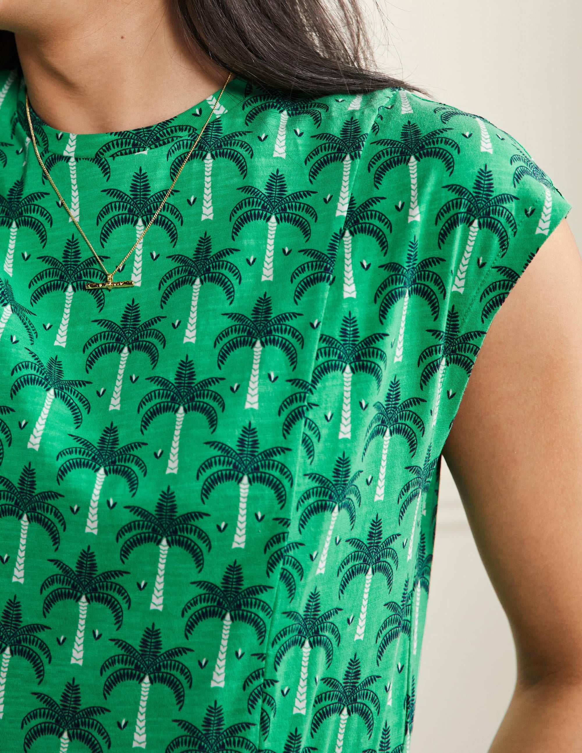 Jersey T-Shirt Dress-Green Lagoon, Paradise Palm - Image 2