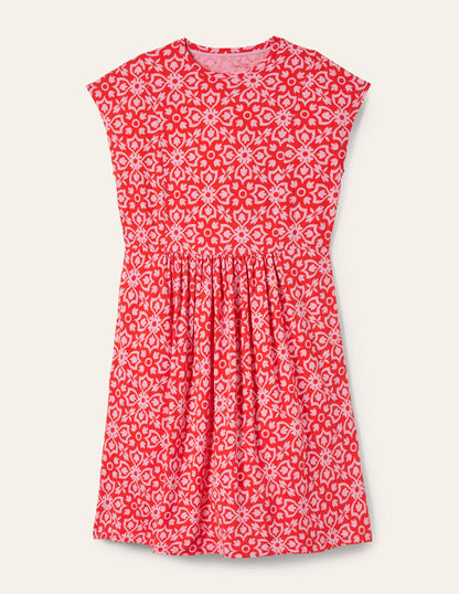 Jersey T-Shirt Dress-Dragon Red Floret Tile-5