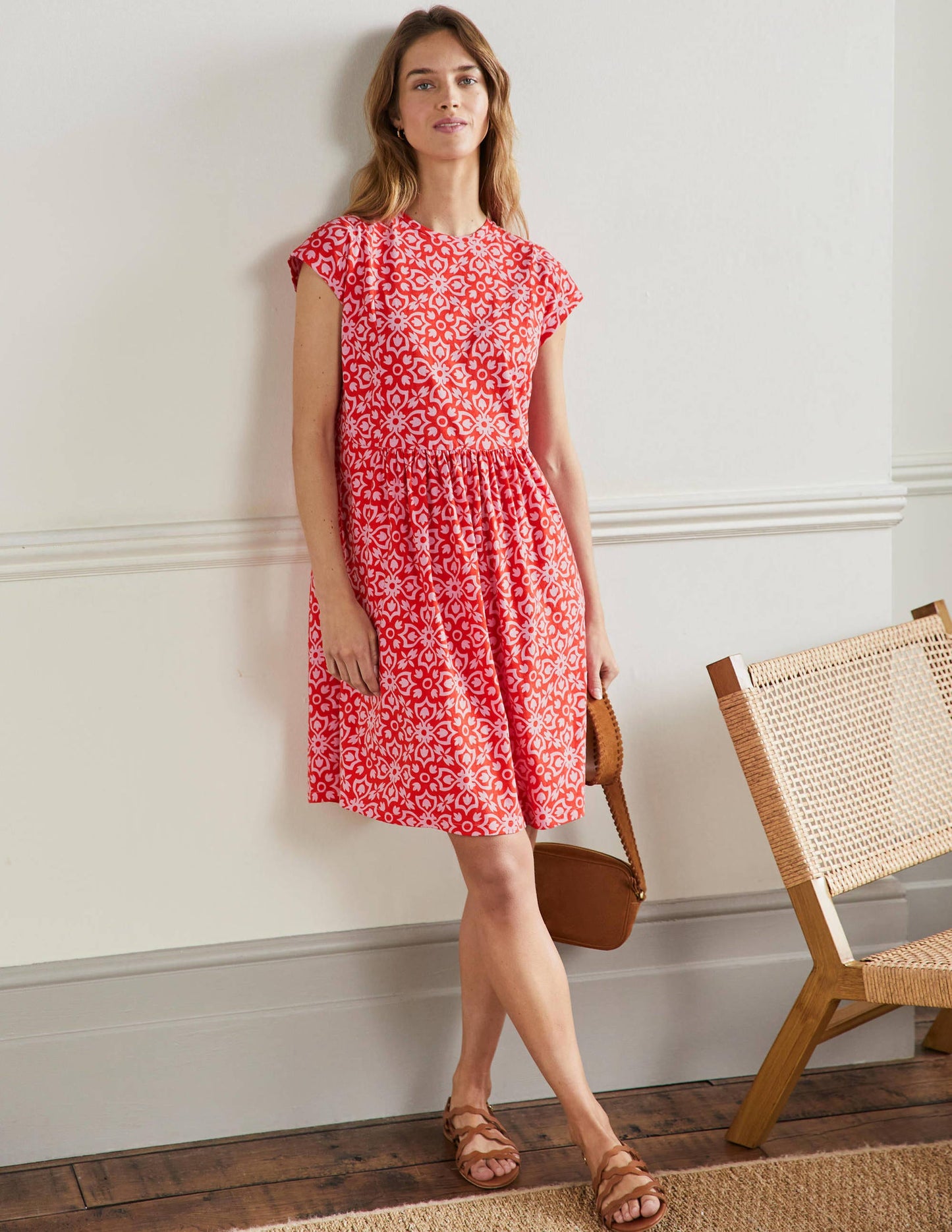 Jersey T-Shirt Dress-Dragon Red Floret Tile