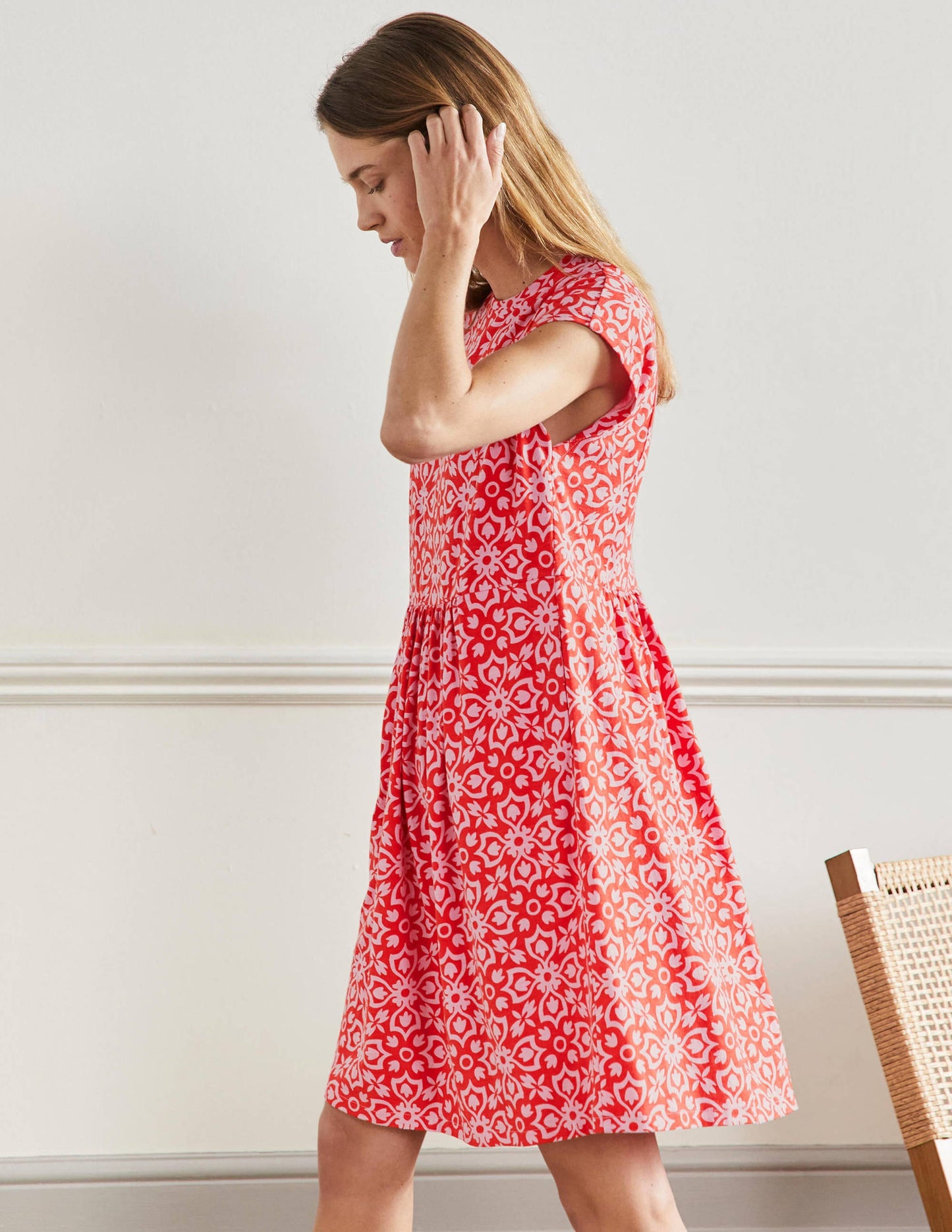 Jersey T-Shirt Dress-Dragon Red Floret Tile