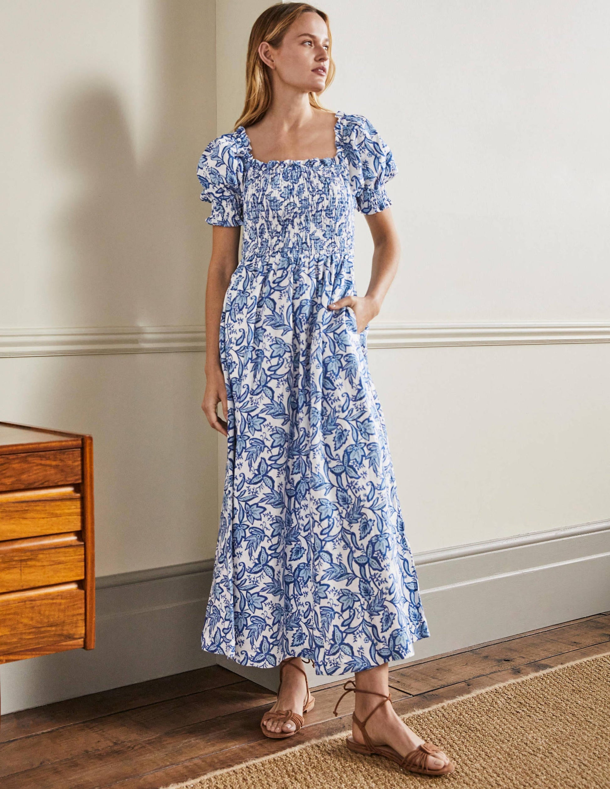 Smocked Bodice Midi Dress-Dusty Blue, Wild Flora-1