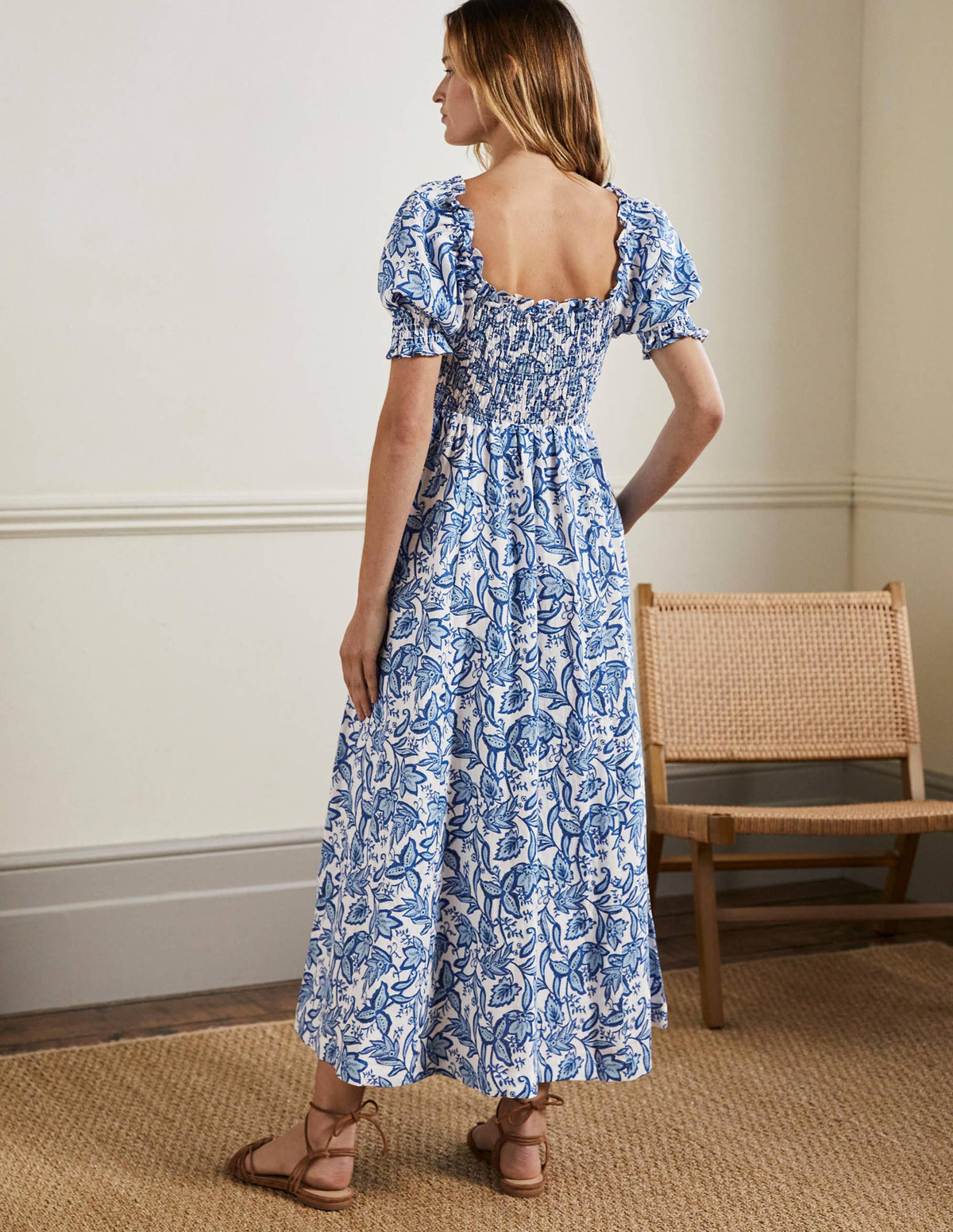 Smocked Bodice Midi Dress-Dusty Blue, Wild Flora-3