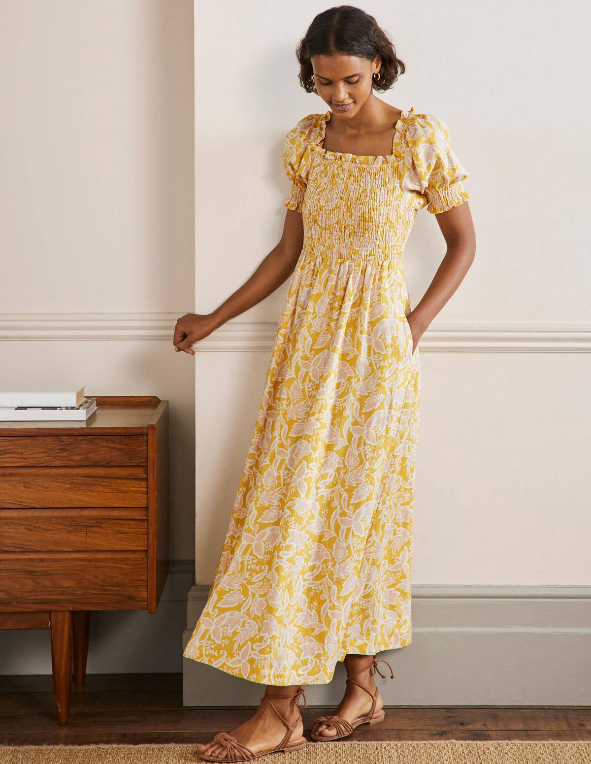 Smocked Bodice Midi Dress-Butter, Wild Flora - Image 1