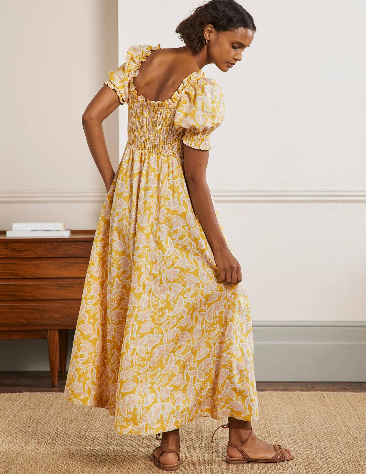 Smocked Bodice Midi Dress-Butter, Wild Flora-3