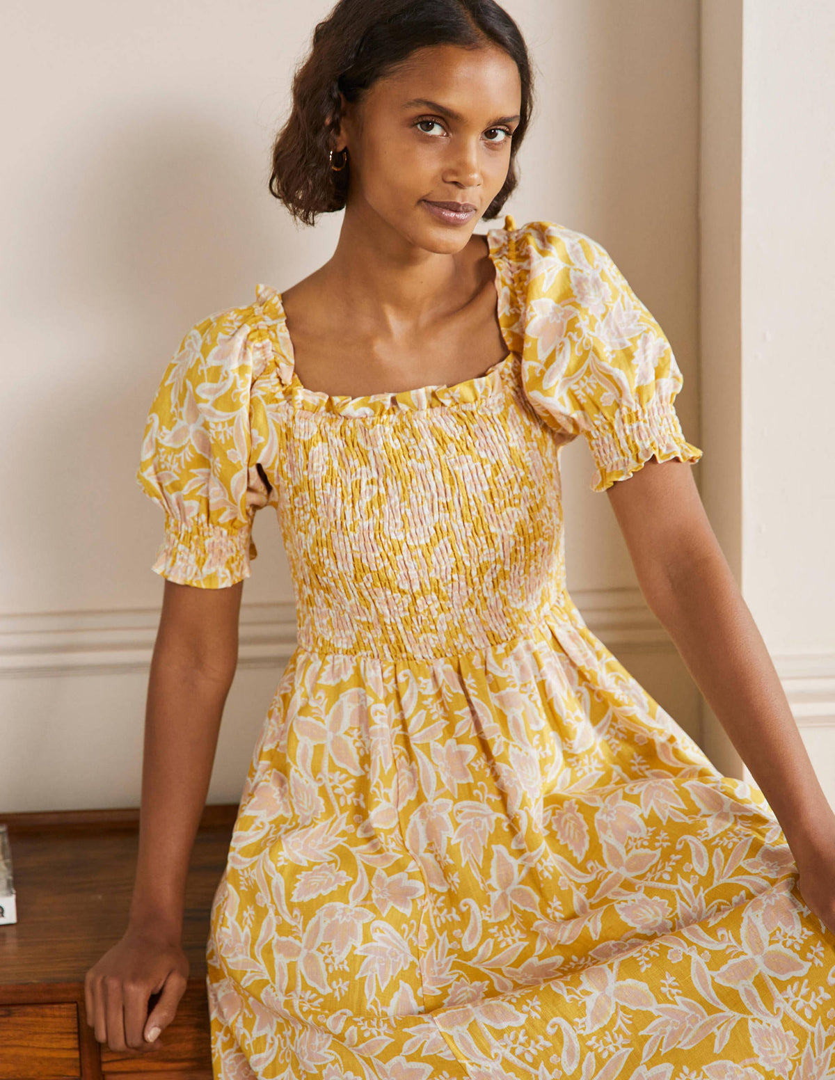 Smocked Bodice Midi Dress-Butter, Wild Flora - Image 4