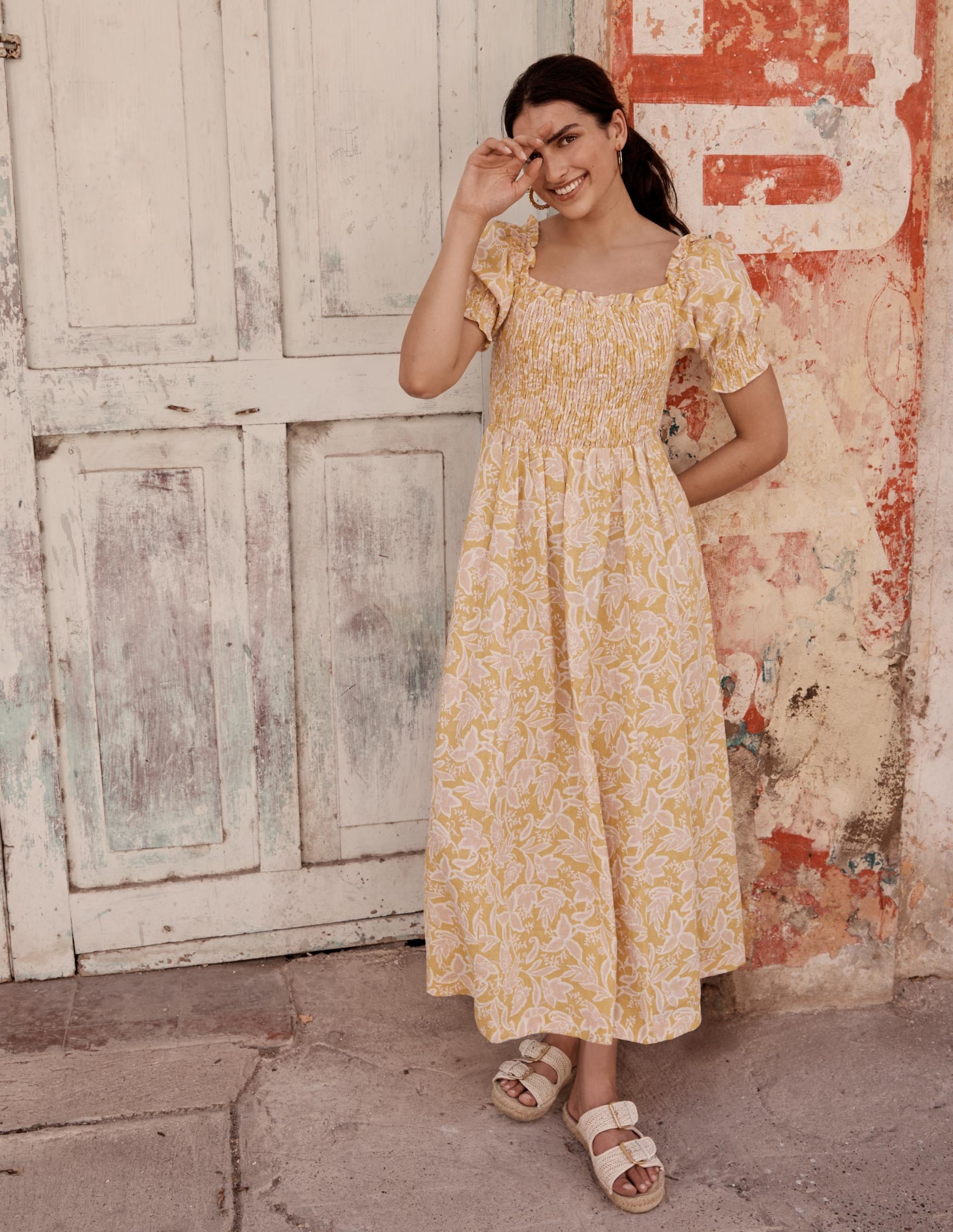 Smocked Bodice Midi Dress-Butter, Wild Flora - Image 5