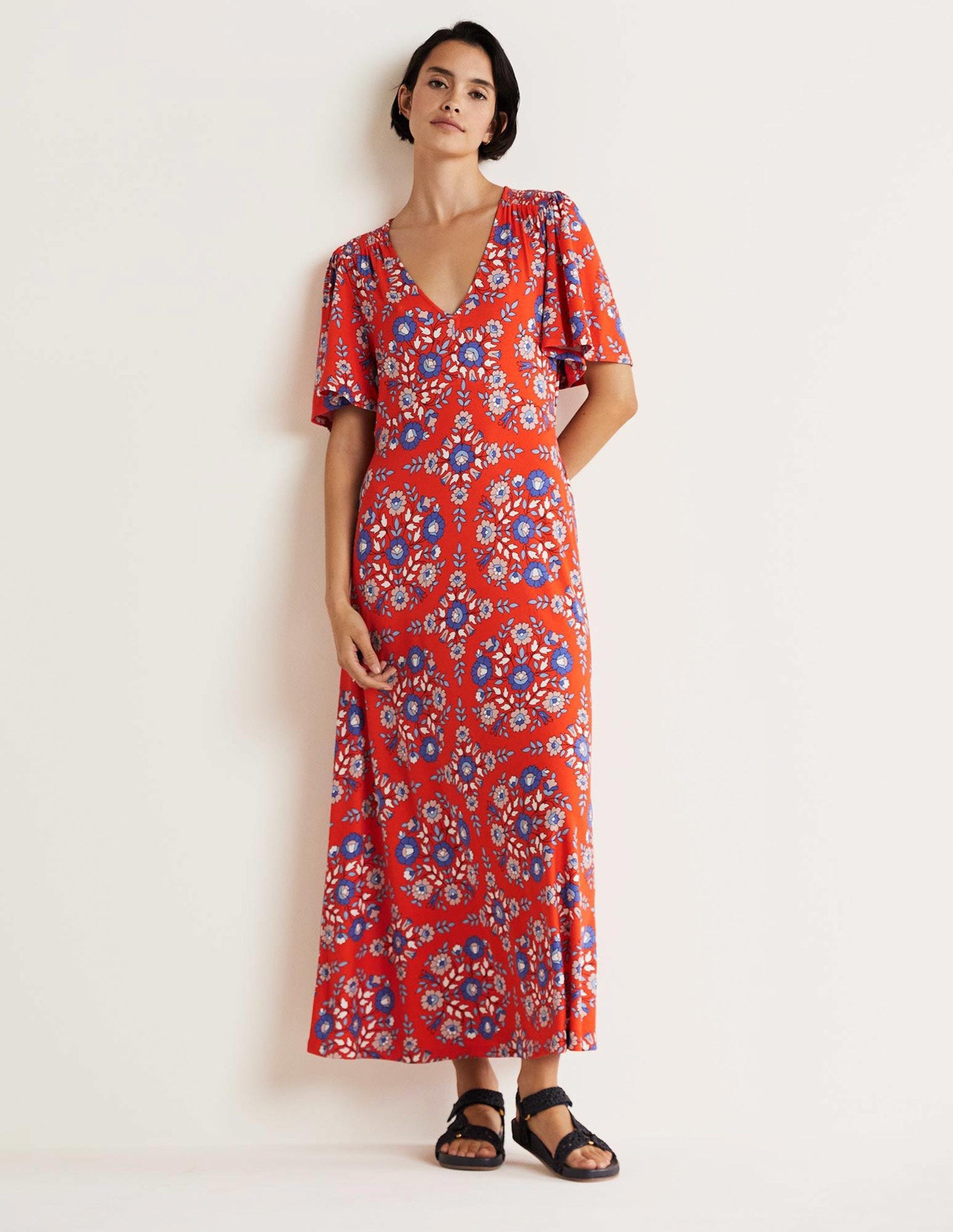 Jersey Midi Tea Dress-Papaya, Wildflower Prairie-1
