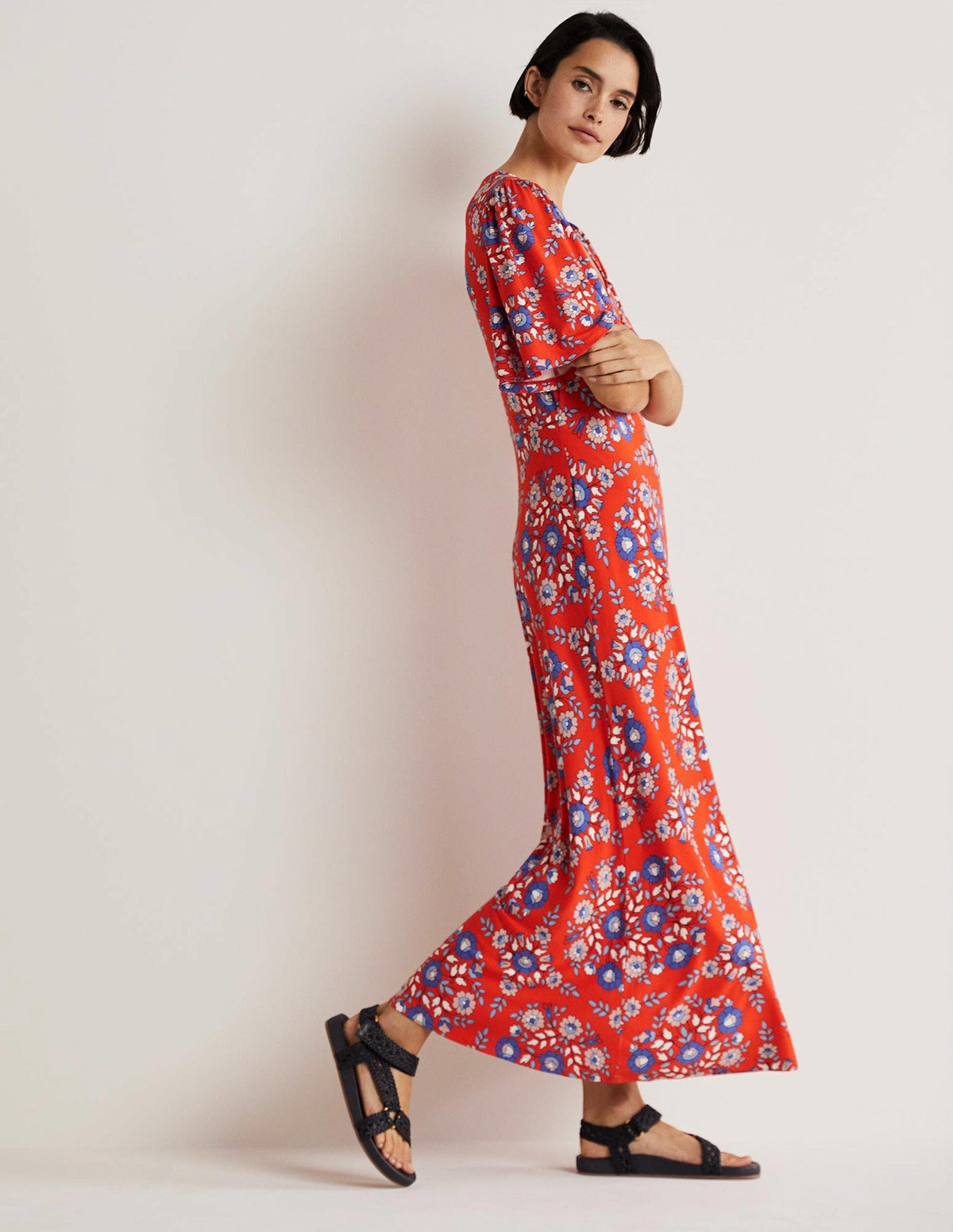 Jersey Midi Tea Dress-Papaya, Wildflower Prairie-4
