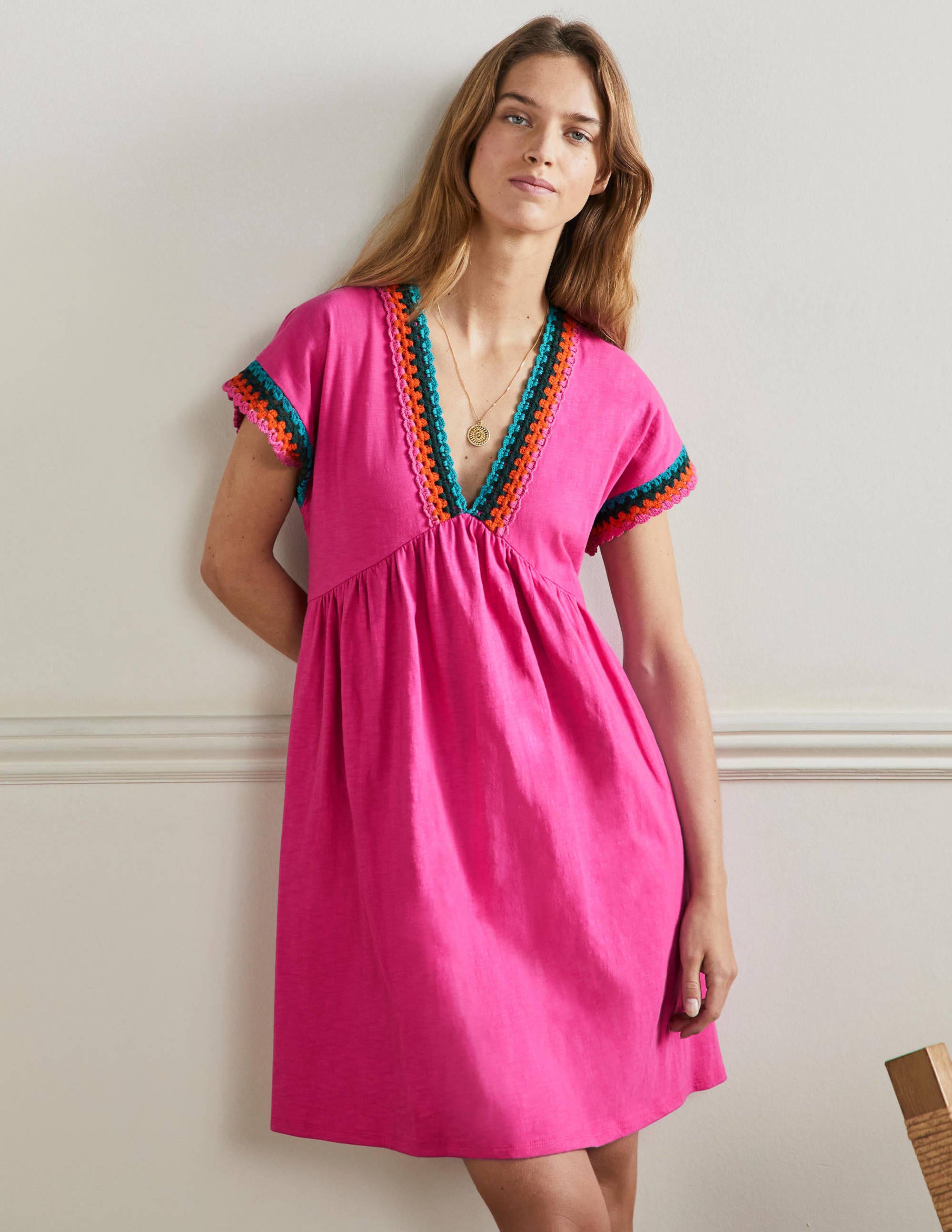 Crochet Trim Jersey Dress-Pop Pansy - Image 1
