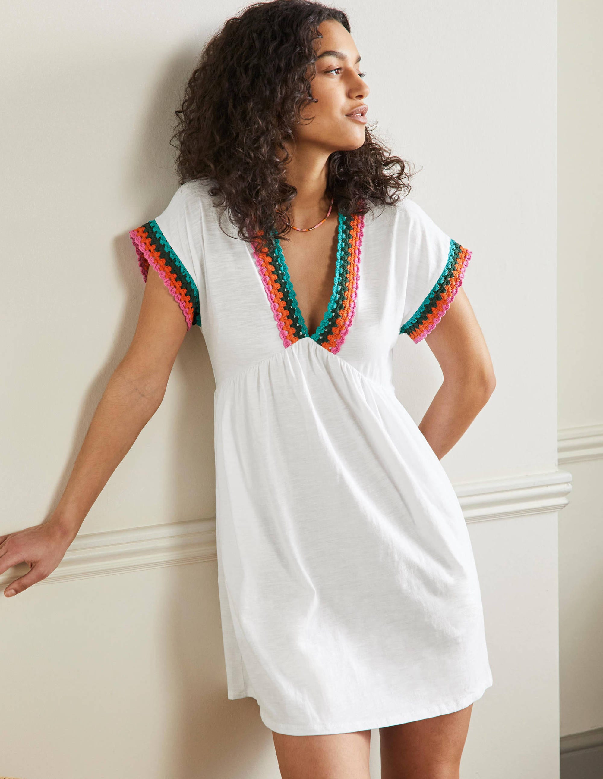 Crochet Trim Jersey Dress-White - Image 1