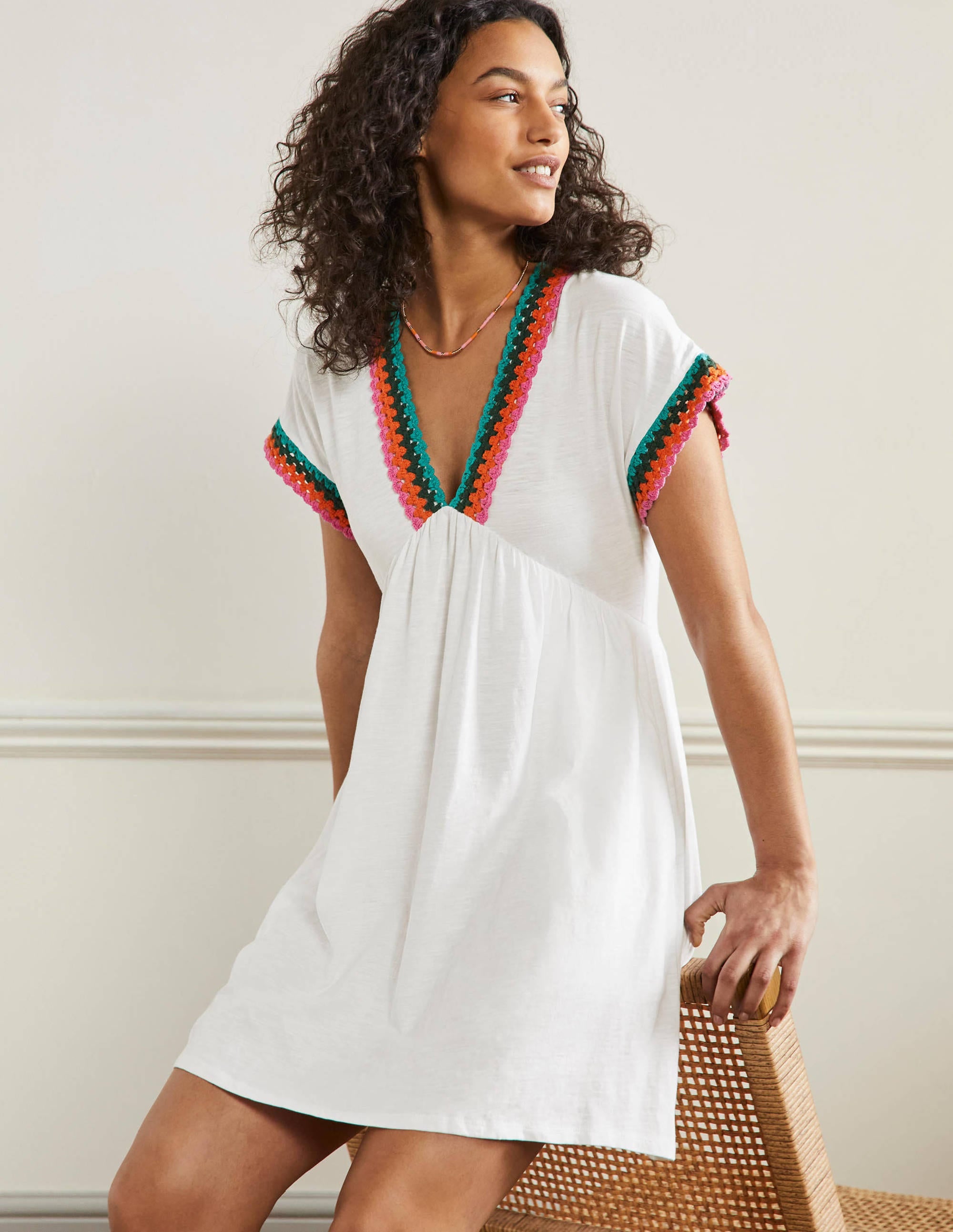 Crochet Trim Jersey Dress-White - Image 4