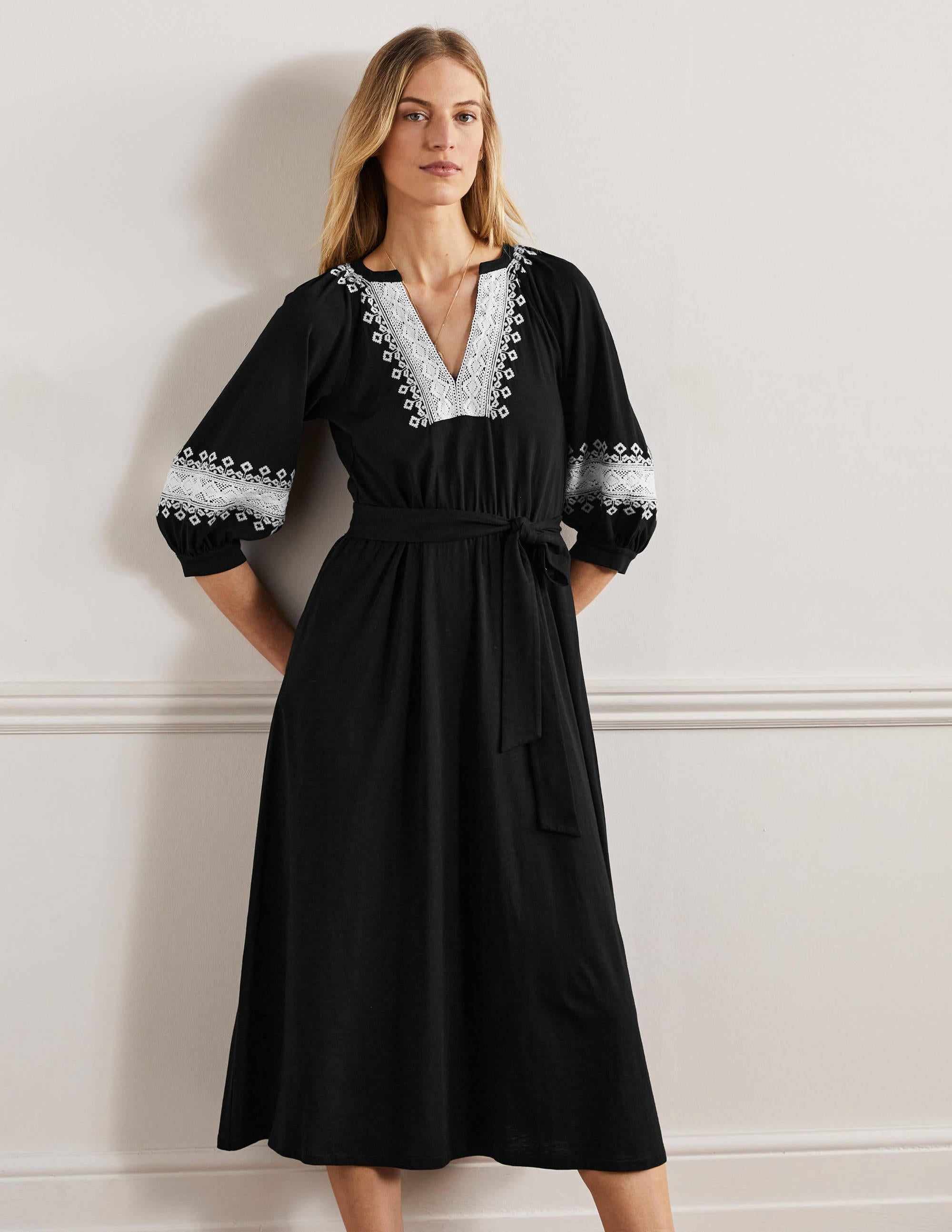Crochet Trim Jersey Midi Dress-Black - Image 1