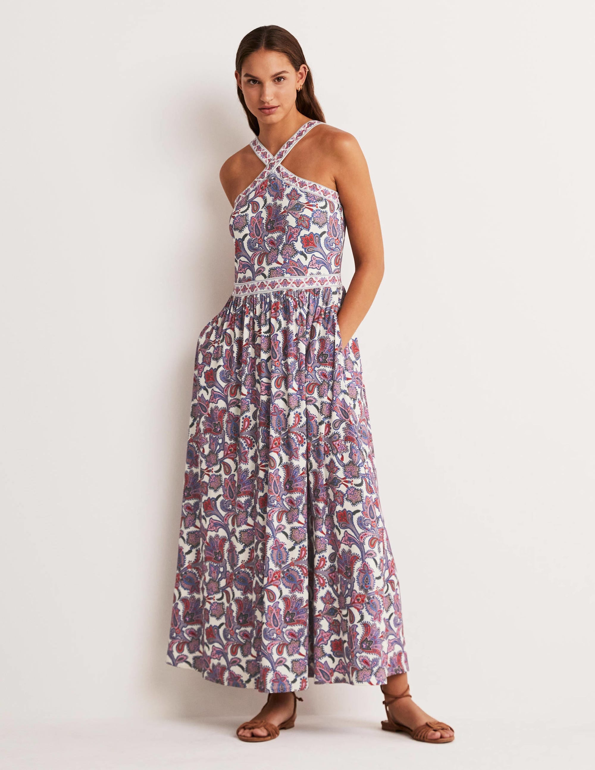 Halterneck Jersey Maxi Dress-Ivory, Paisley Bud - Image 1
