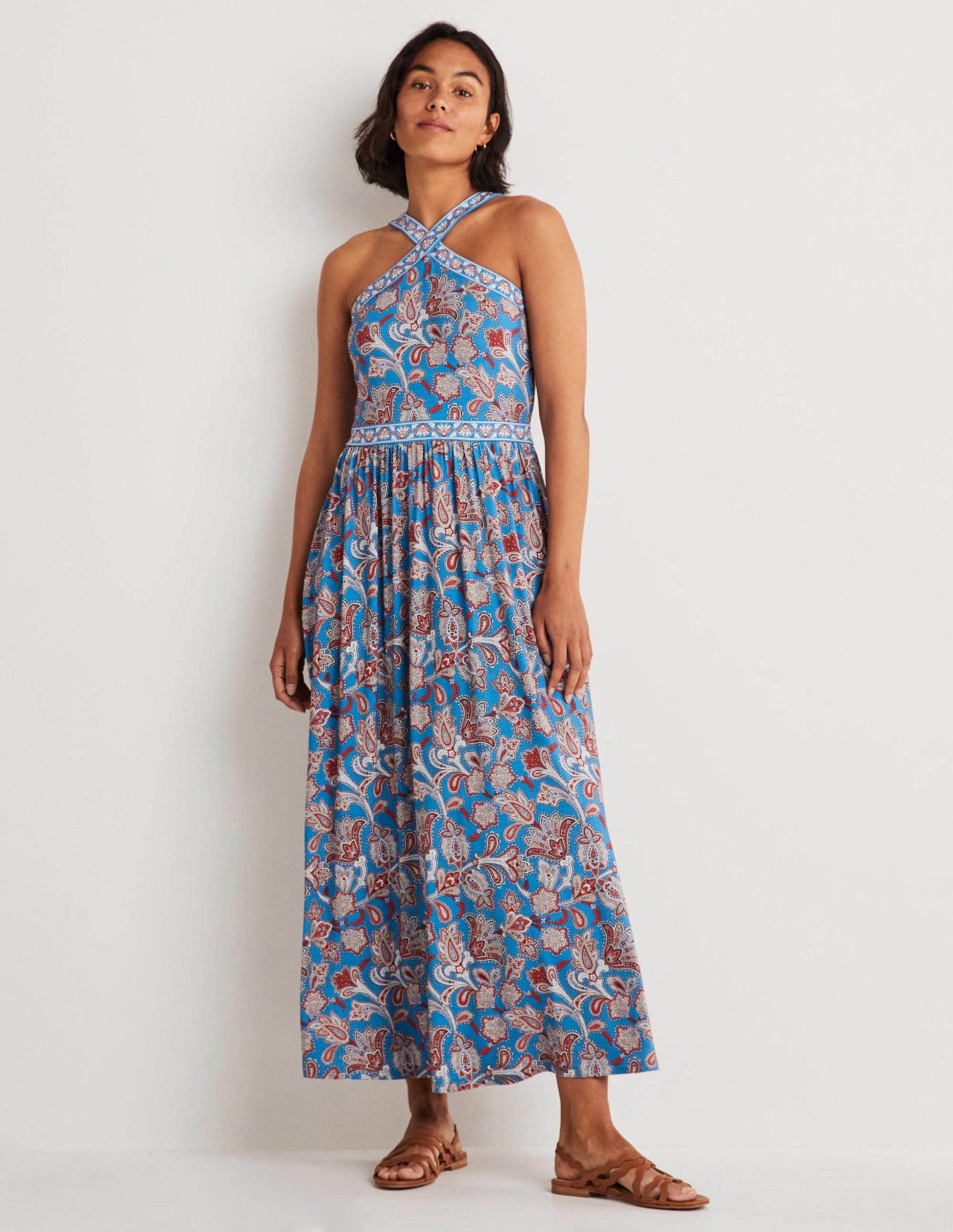 Halterneck Jersey Maxi Dress-Mosaic Blue, Paisley Bud-1