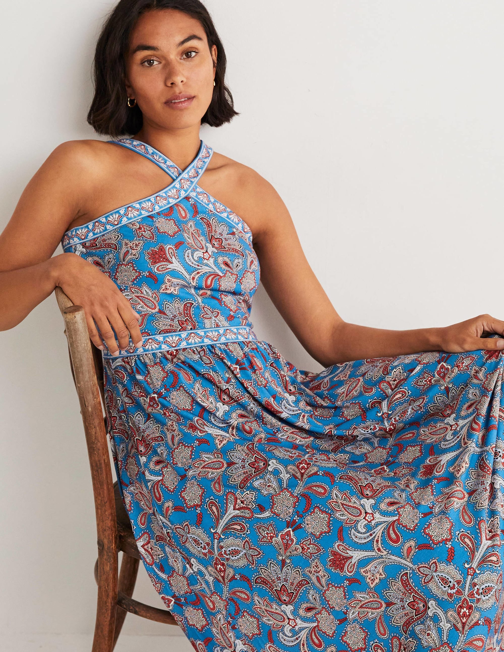 Halterneck Jersey Maxi Dress-Mosaic Blue, Paisley Bud - Image 4