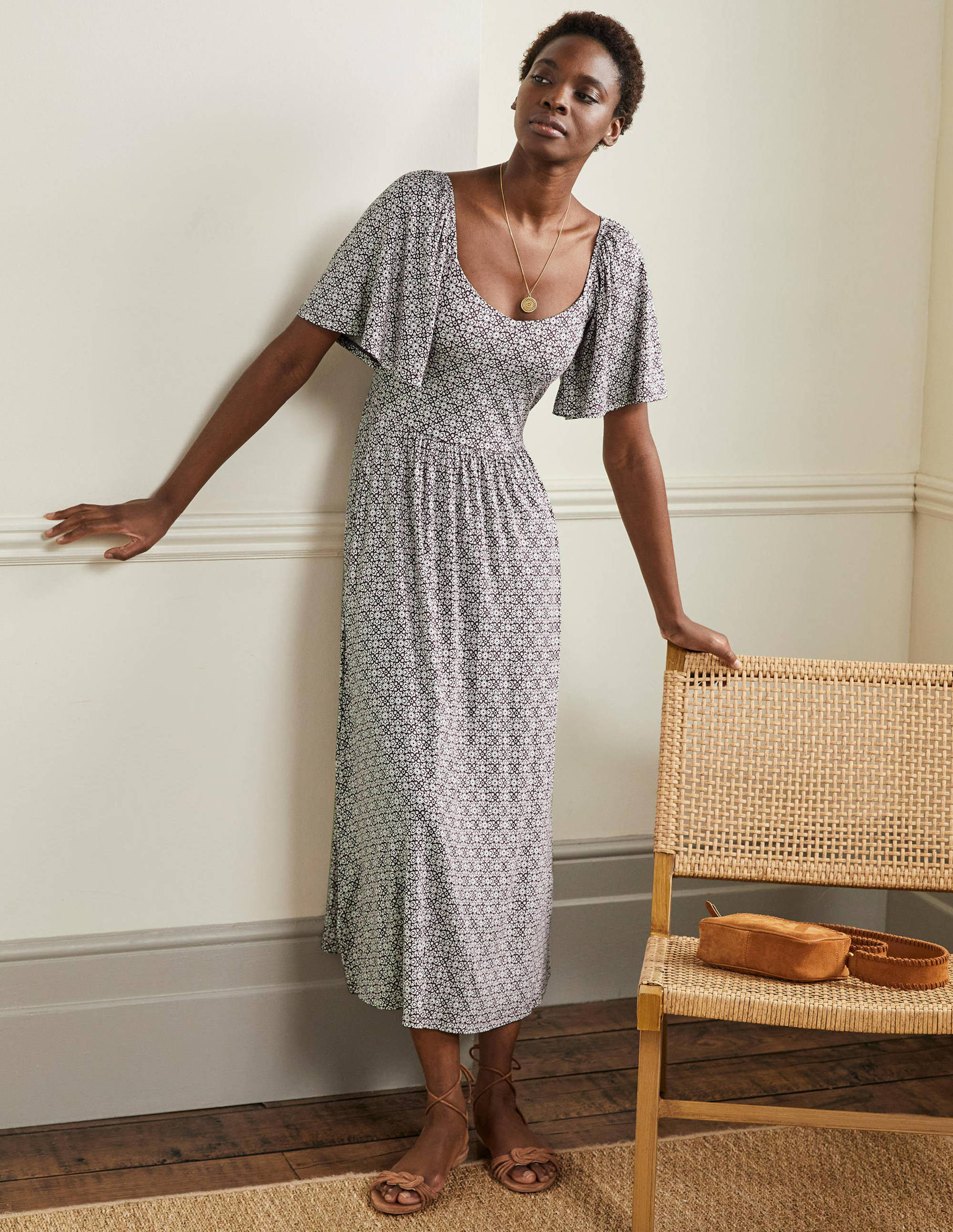 Smock Detail Jersey Maxi Dress-Berry Floret Tile - Image 1