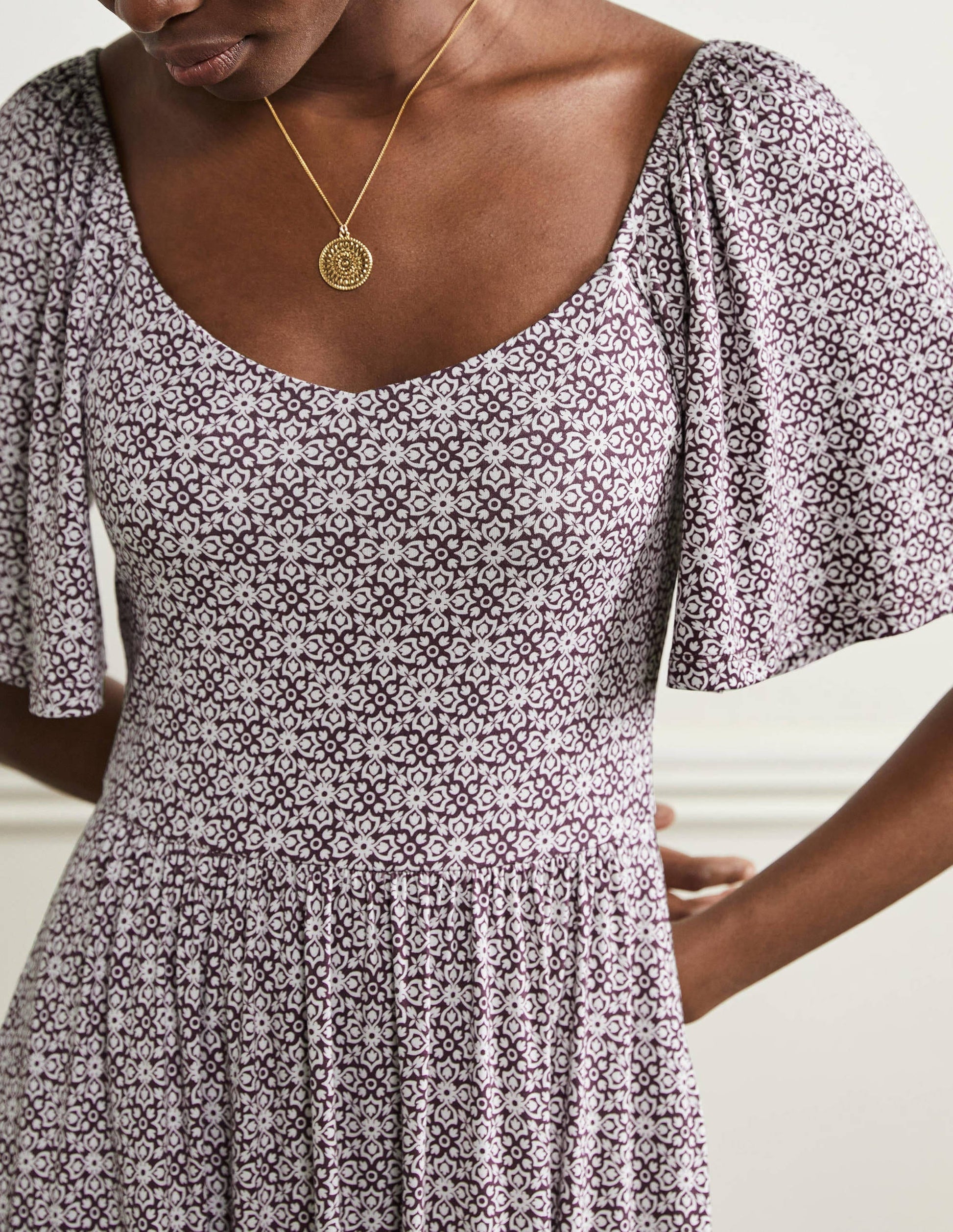 Smock Detail Jersey Maxi Dress-Berry Floret Tile-2