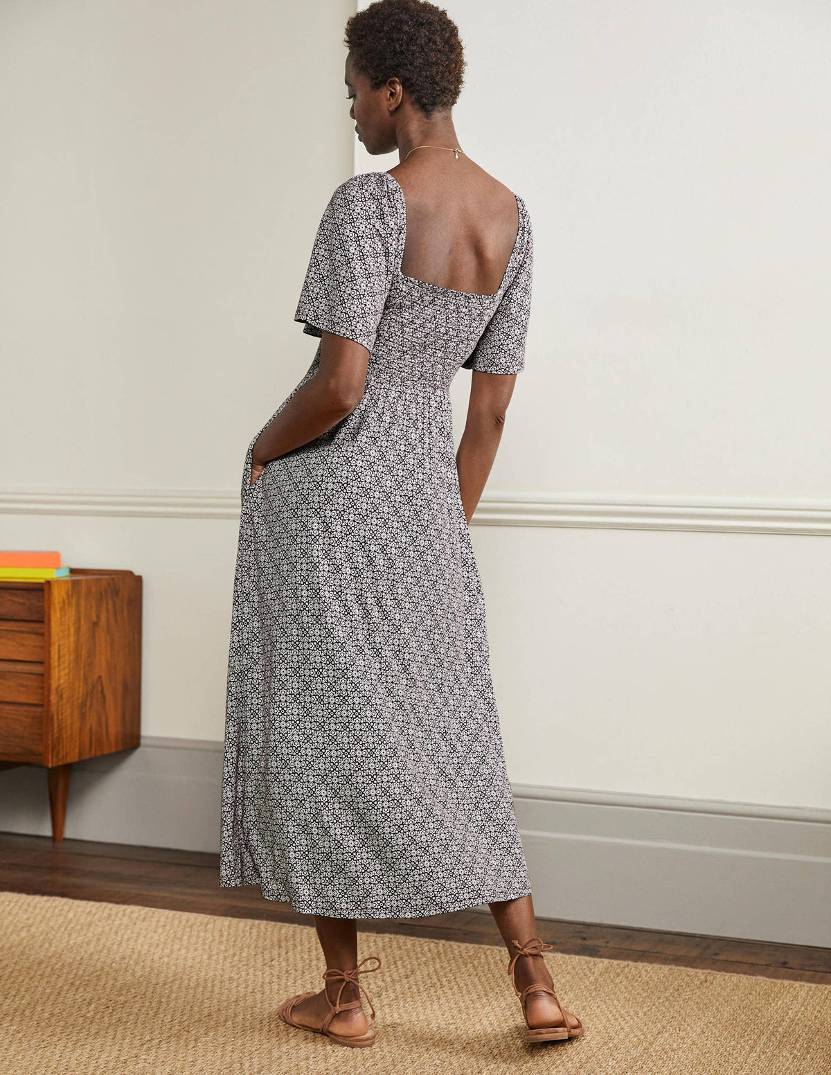 Smock Detail Jersey Maxi Dress-Berry Floret Tile-3