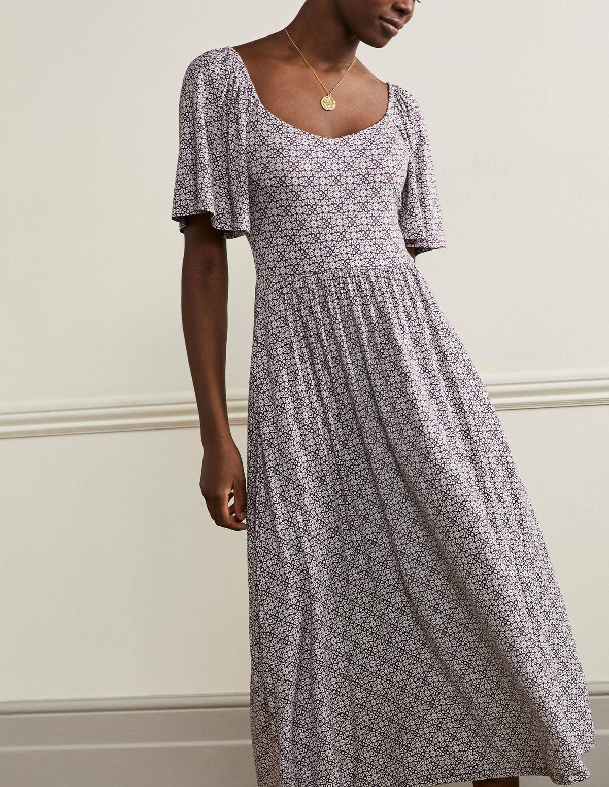 Smock Detail Jersey Maxi Dress-Berry Floret Tile-4