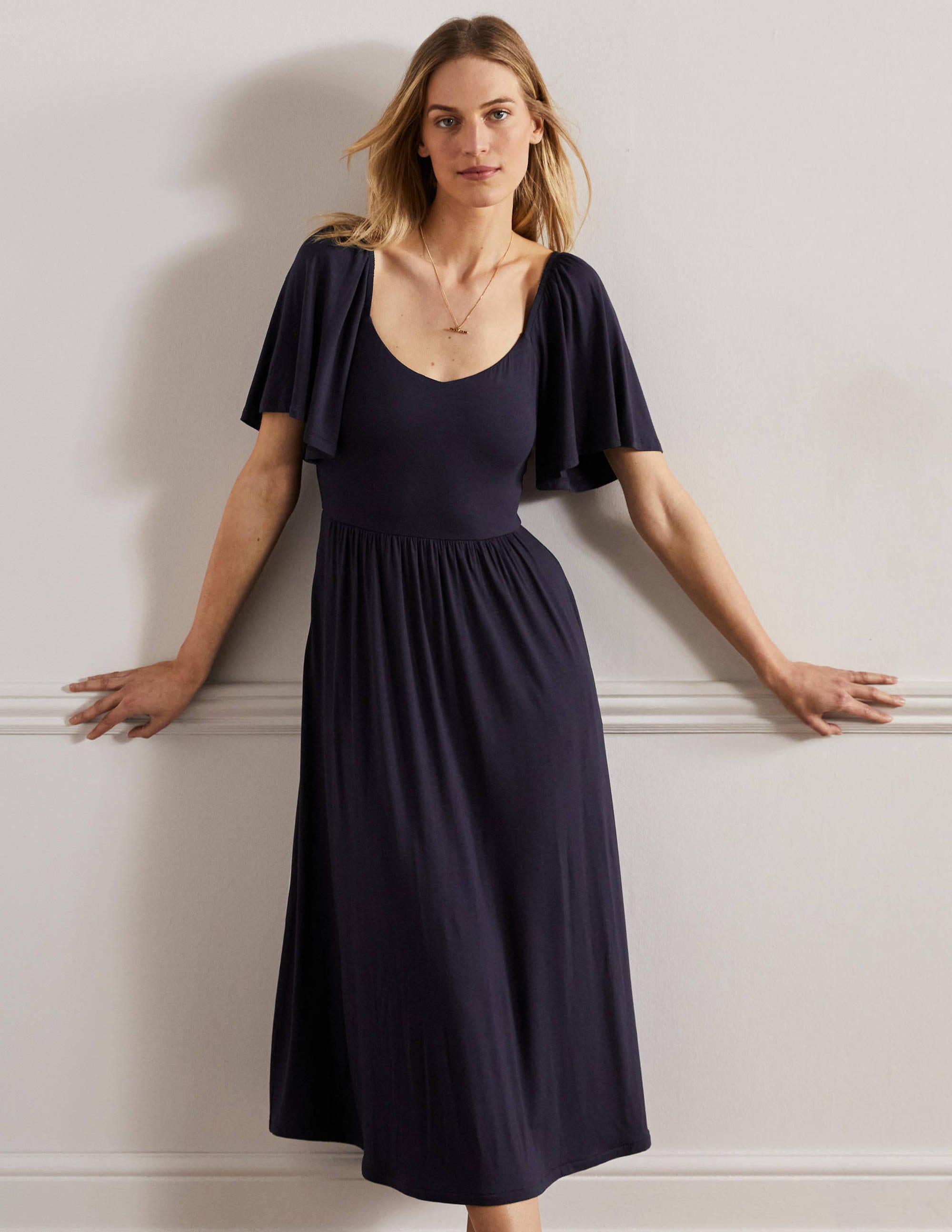 Smock Detail Jersey Maxi Dress-Navy - Image 1