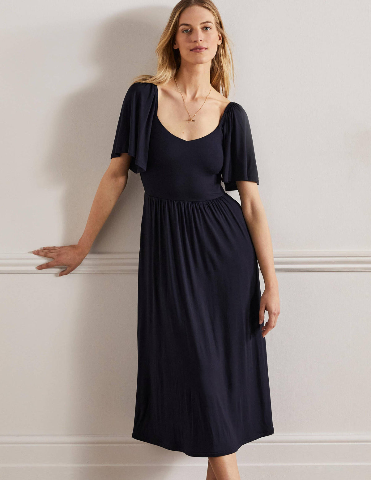 Smock Detail Jersey Maxi Dress-Navy-5