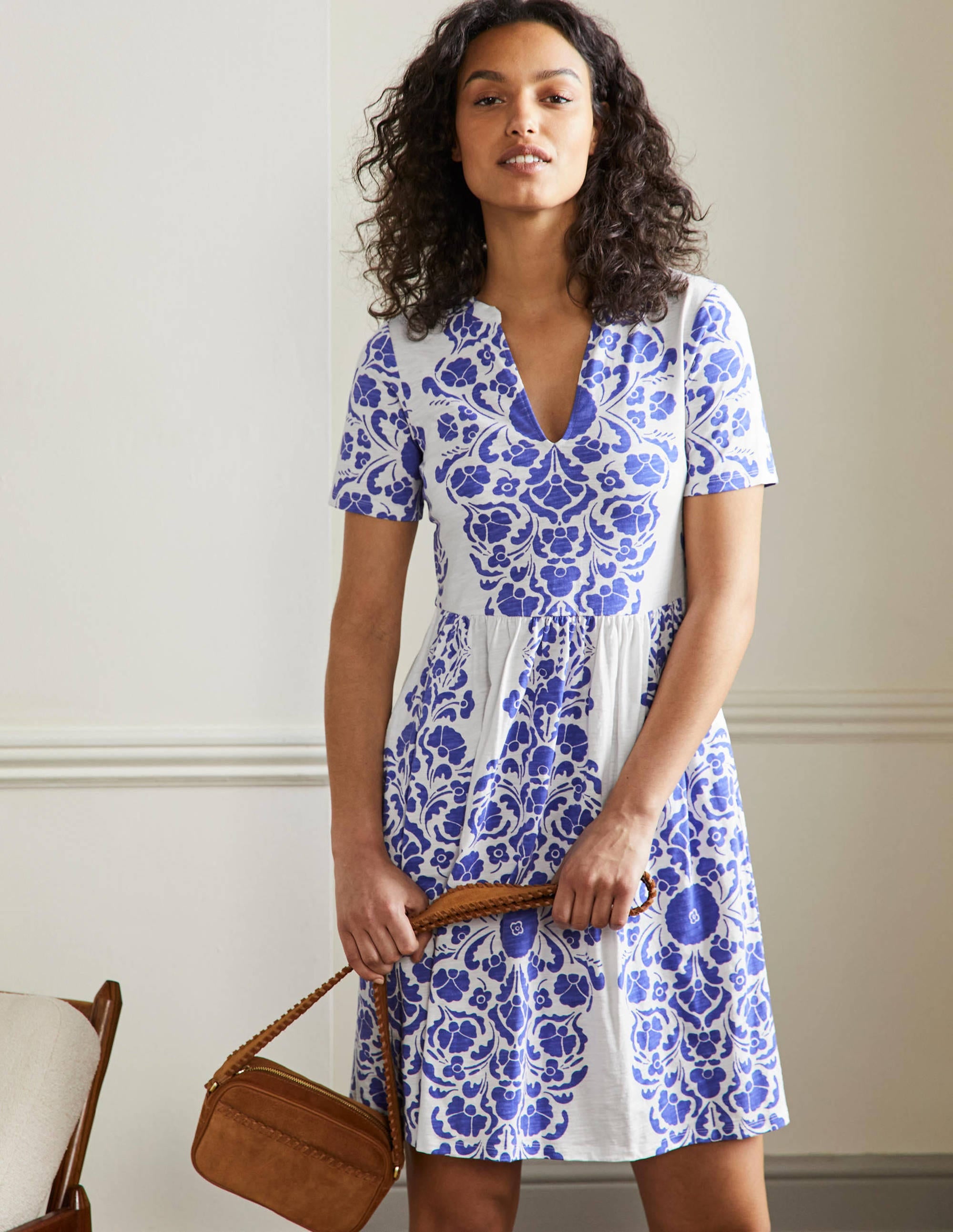 Easy Notch Neck Jersey Dress-Bluebell, Passion Bloom - Image 1
