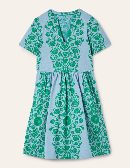 Easy Notch Neck Jersey Dress-Dusty Blue, Passion Bloom-7