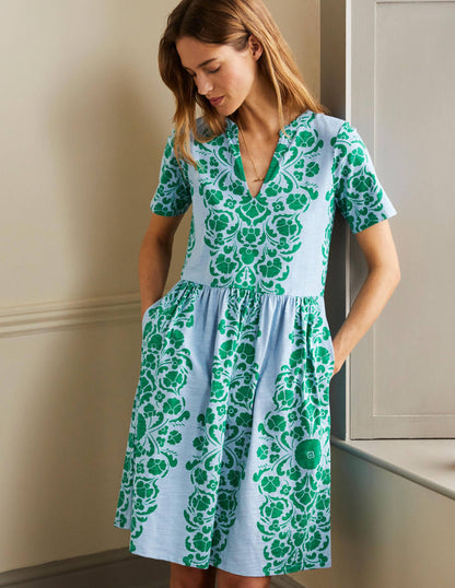 Easy Notch Neck Jersey Dress-Dusty Blue, Passion Bloom-1