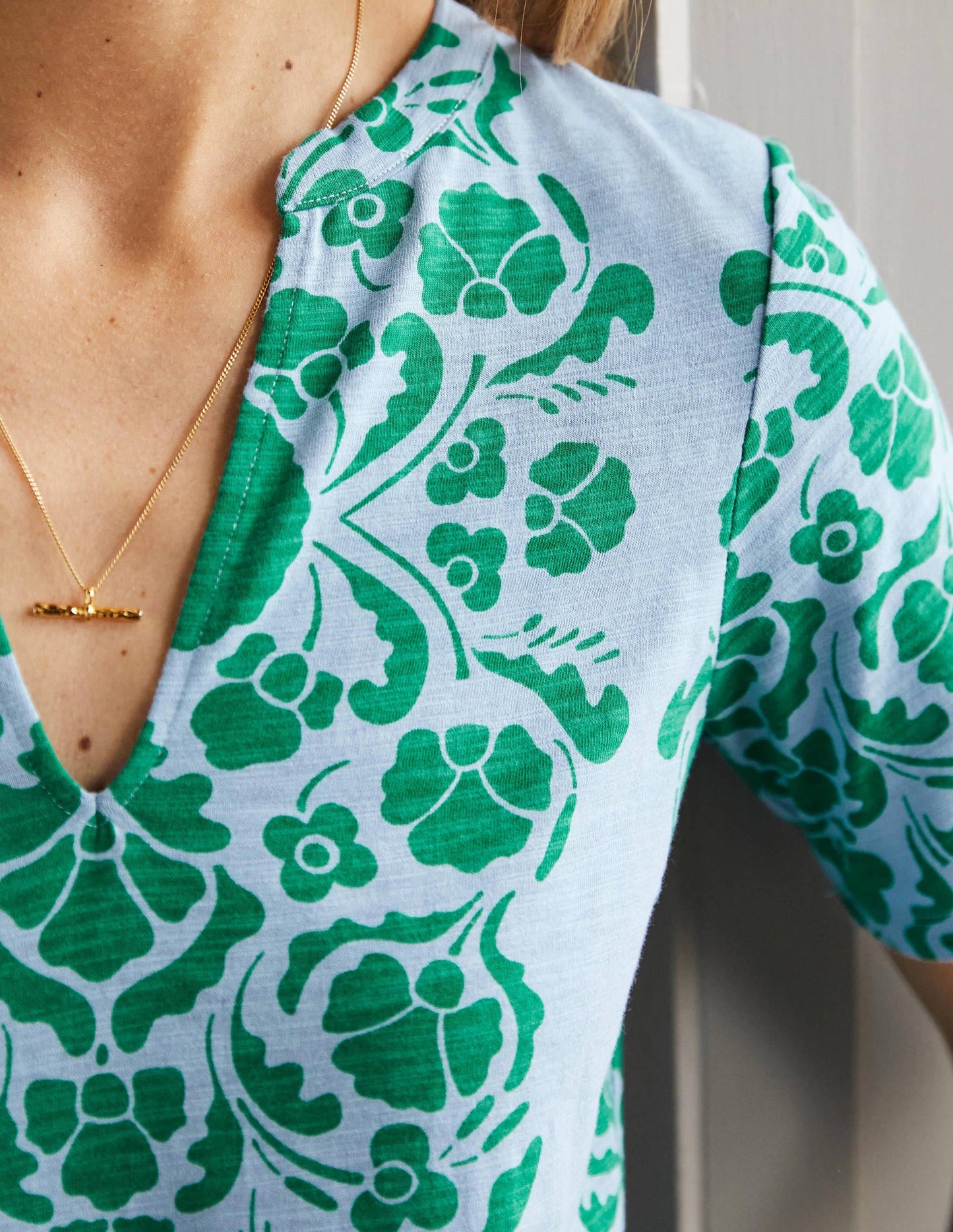 Easy Notch Neck Jersey Dress-Dusty Blue, Passion Bloom