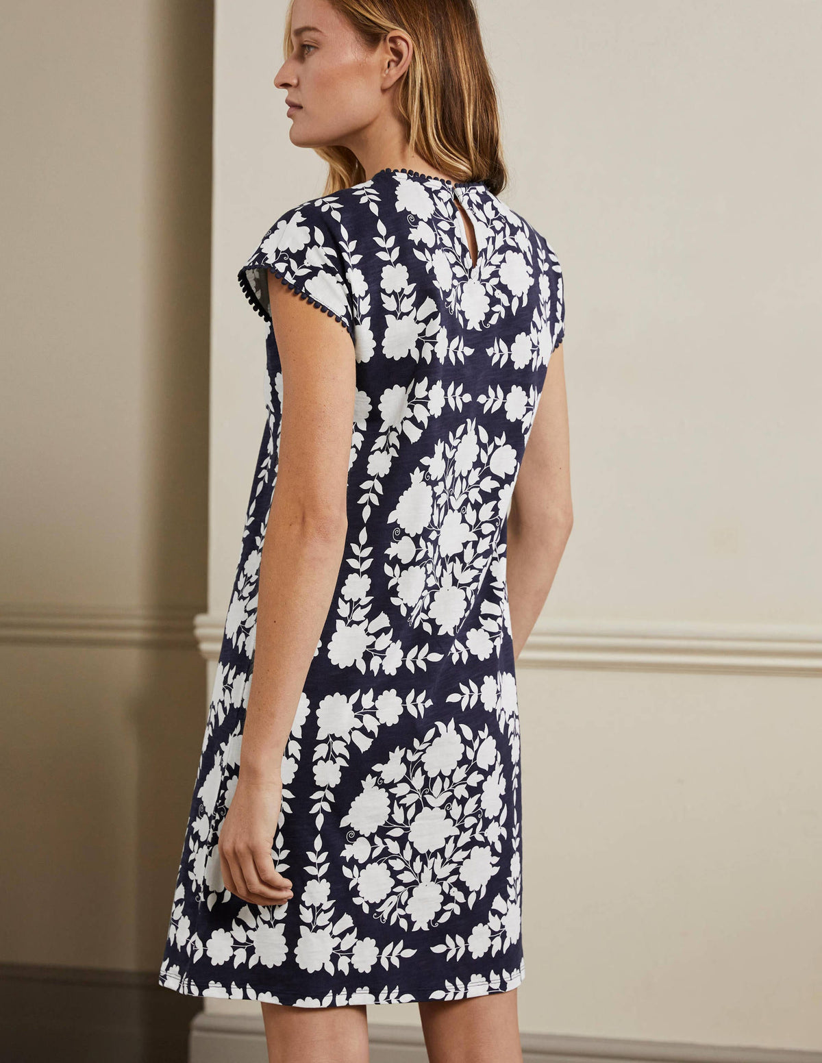 Trim Detail T-Shirt Dress-Navy, Wildflower Prairie - Image 3