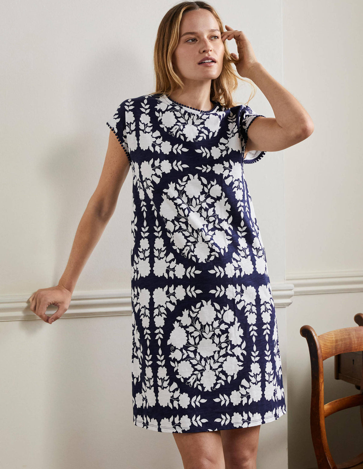 Trim Detail T-Shirt Dress-Navy, Wildflower Prairie - Image 4