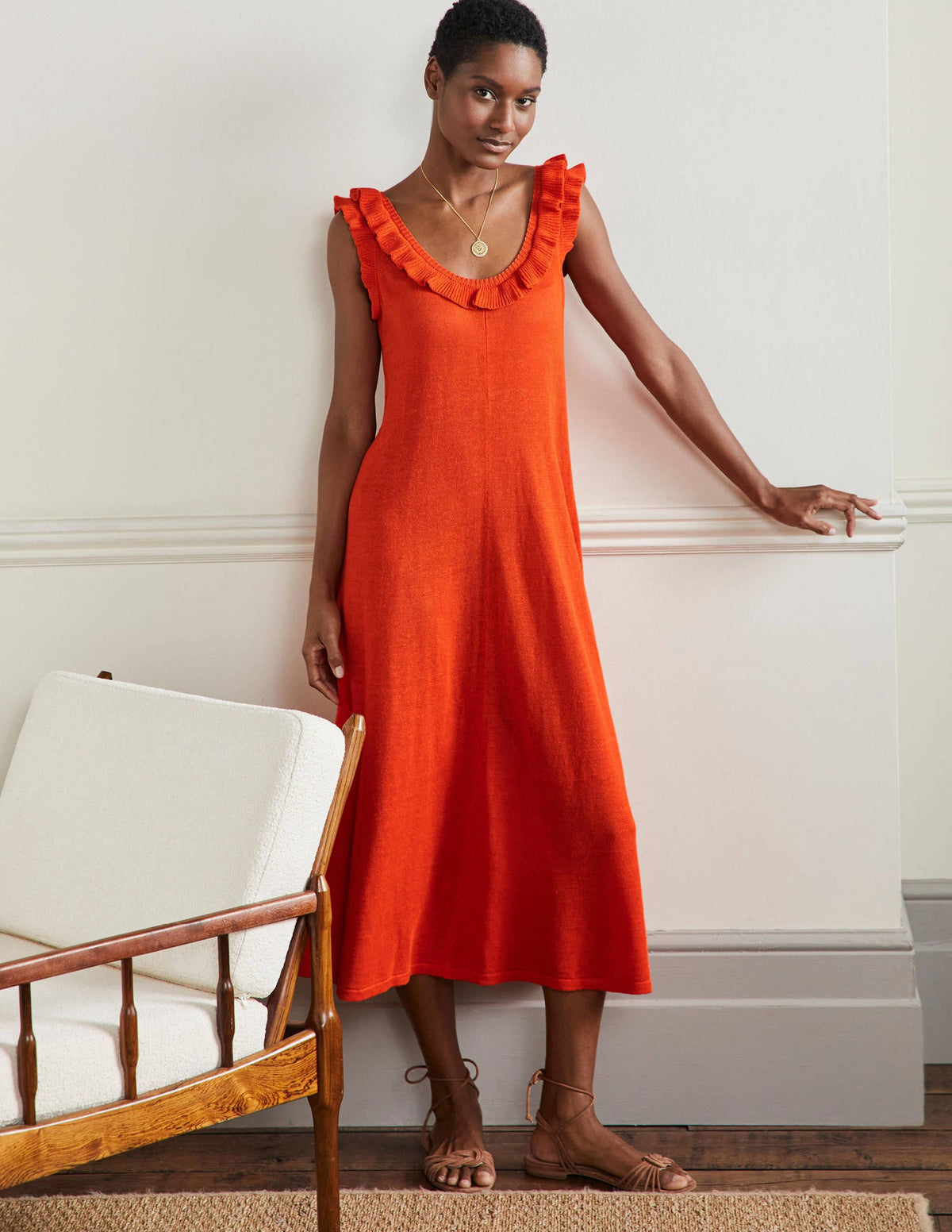Frill Neck Knitted Midi Dress-Bright Papaya-8