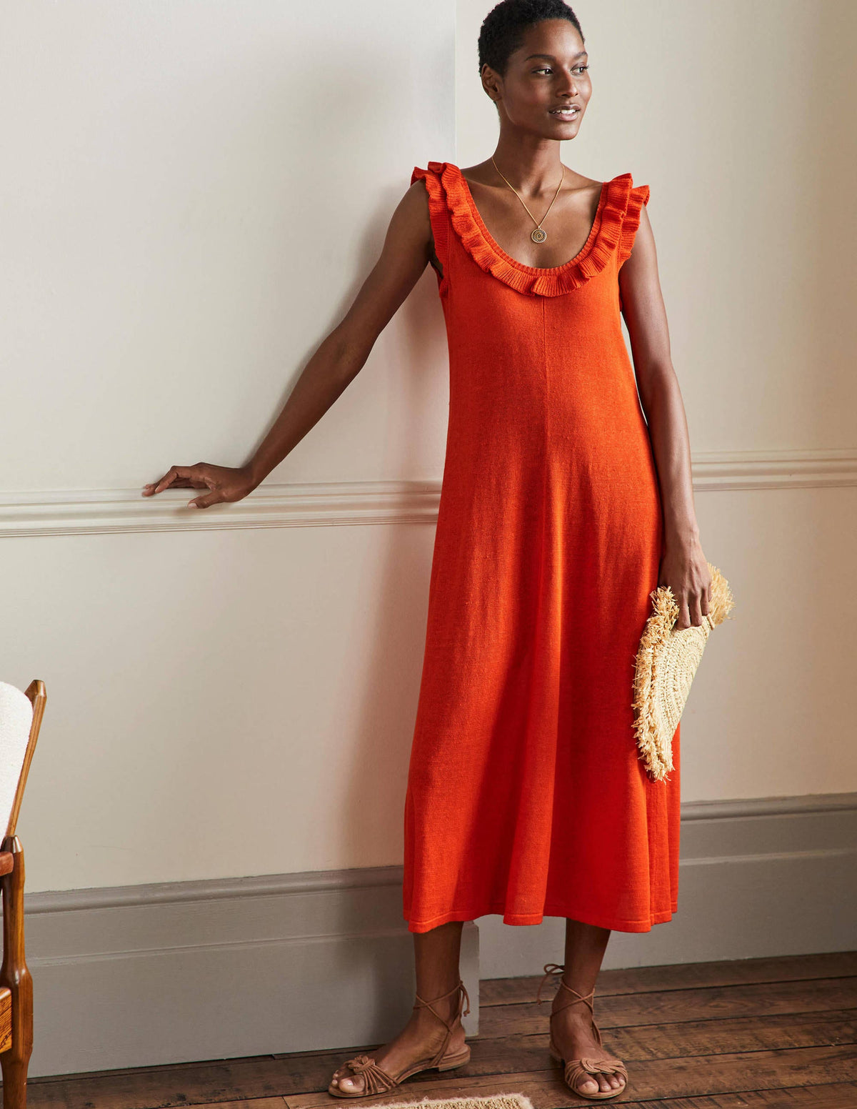 Frill Neck Knitted Midi Dress-Bright Papaya-1