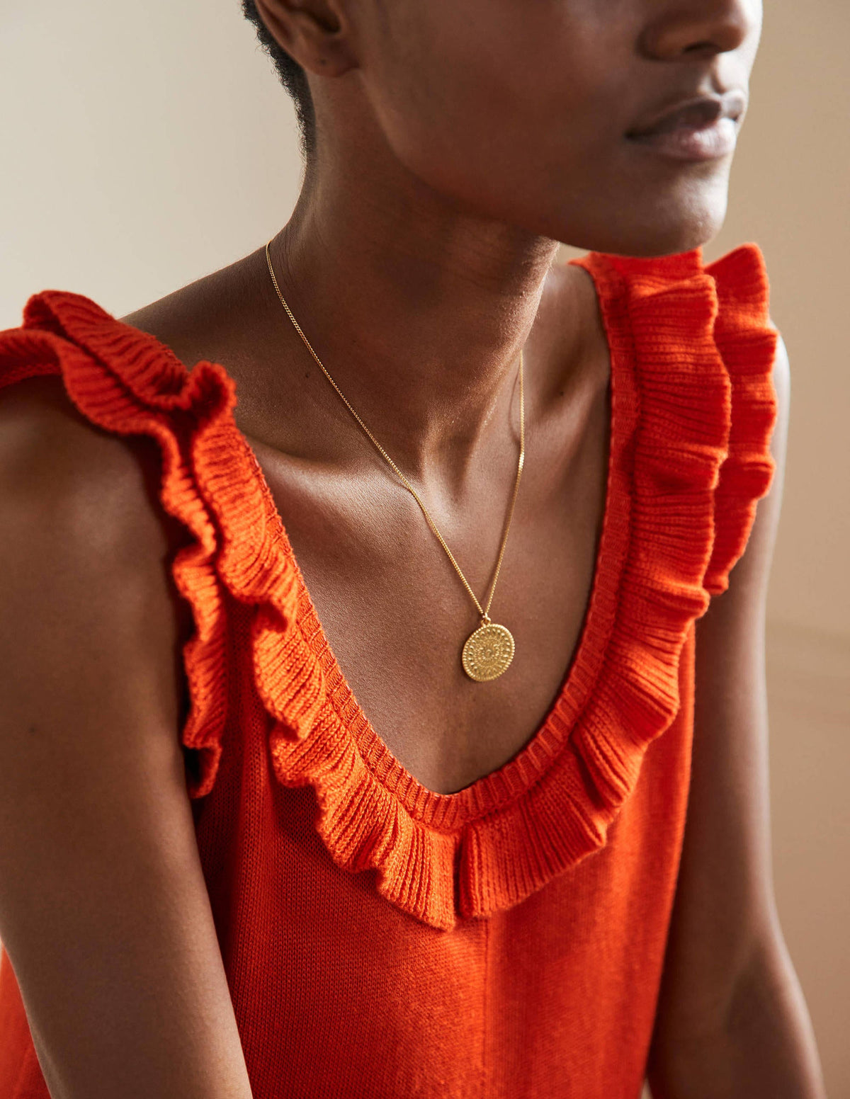 Frill Neck Knitted Midi Dress-Bright Papaya-2