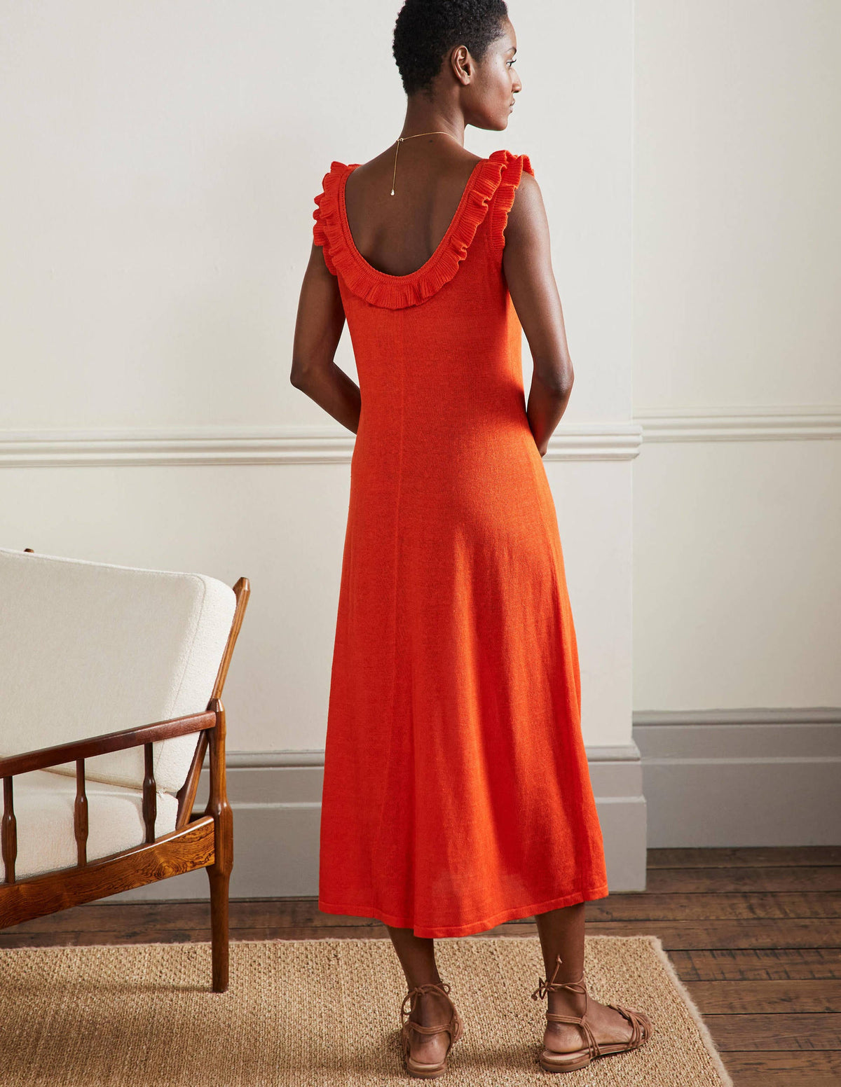 Frill Neck Knitted Midi Dress-Bright Papaya - Image 3