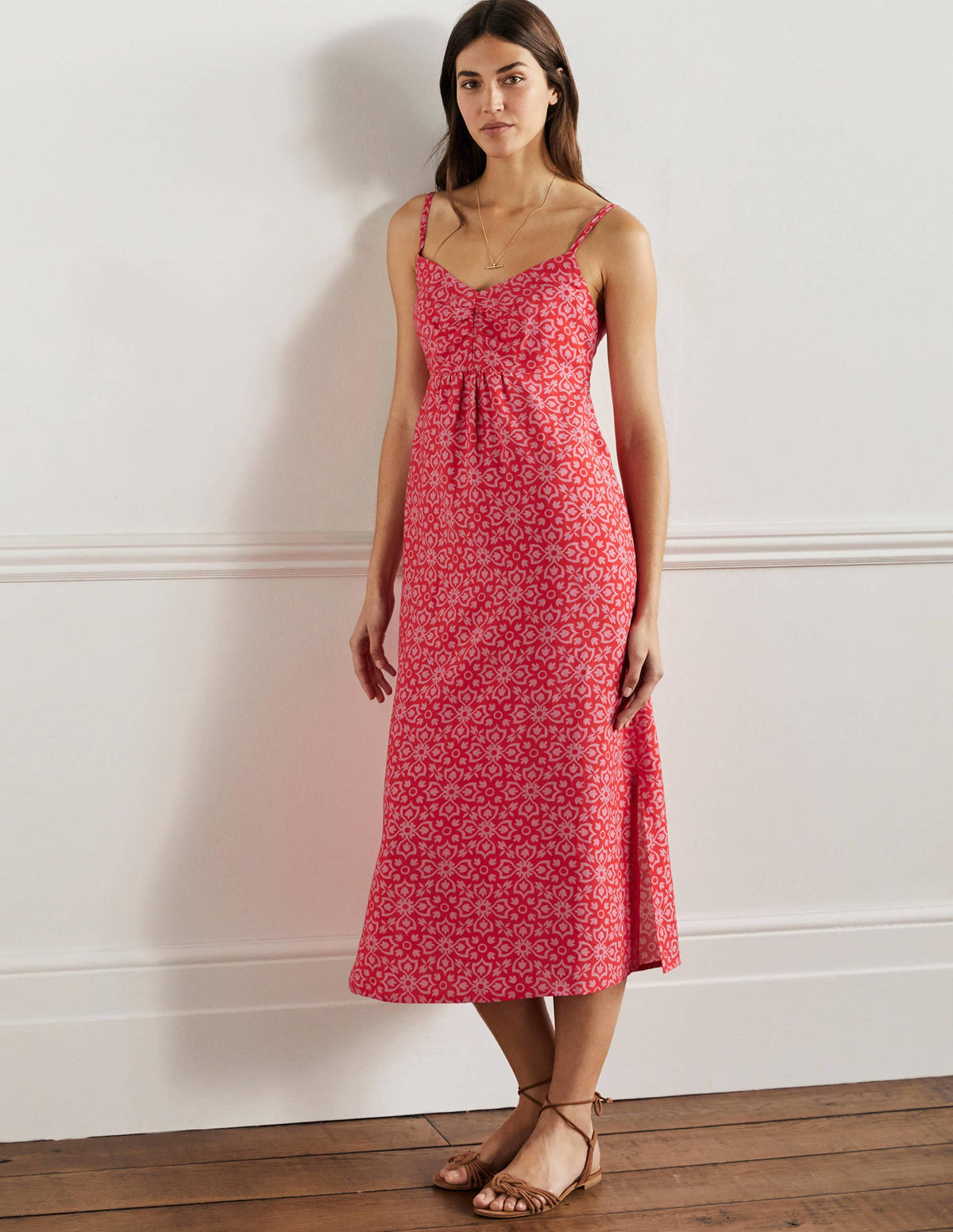 Strappy Midi Dress-Dragon Red, Floret Tile - Image 1