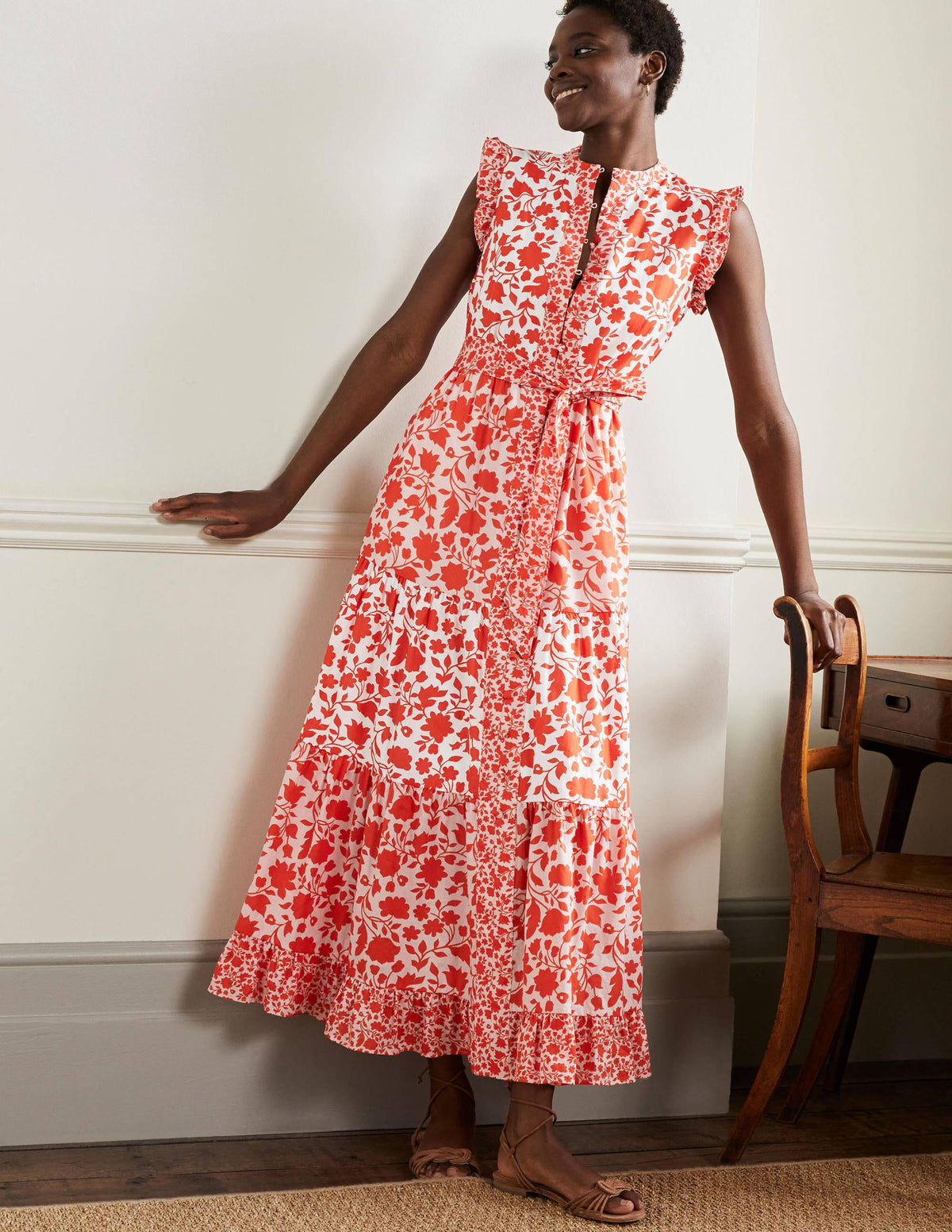 Tiered Ruffle Maxi Dress-Papaya, Botanic Silhouette - Image 1