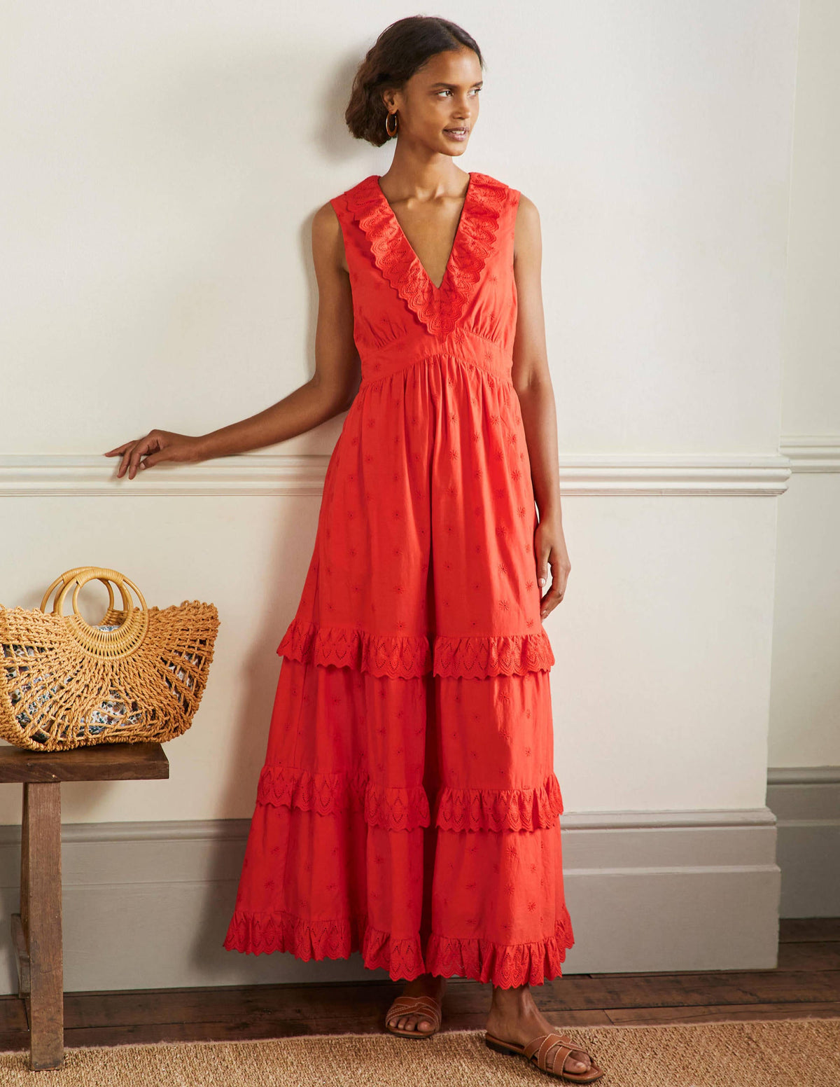 Broderie Ruffle Maxi Dress-Bright Papaya - Image 1