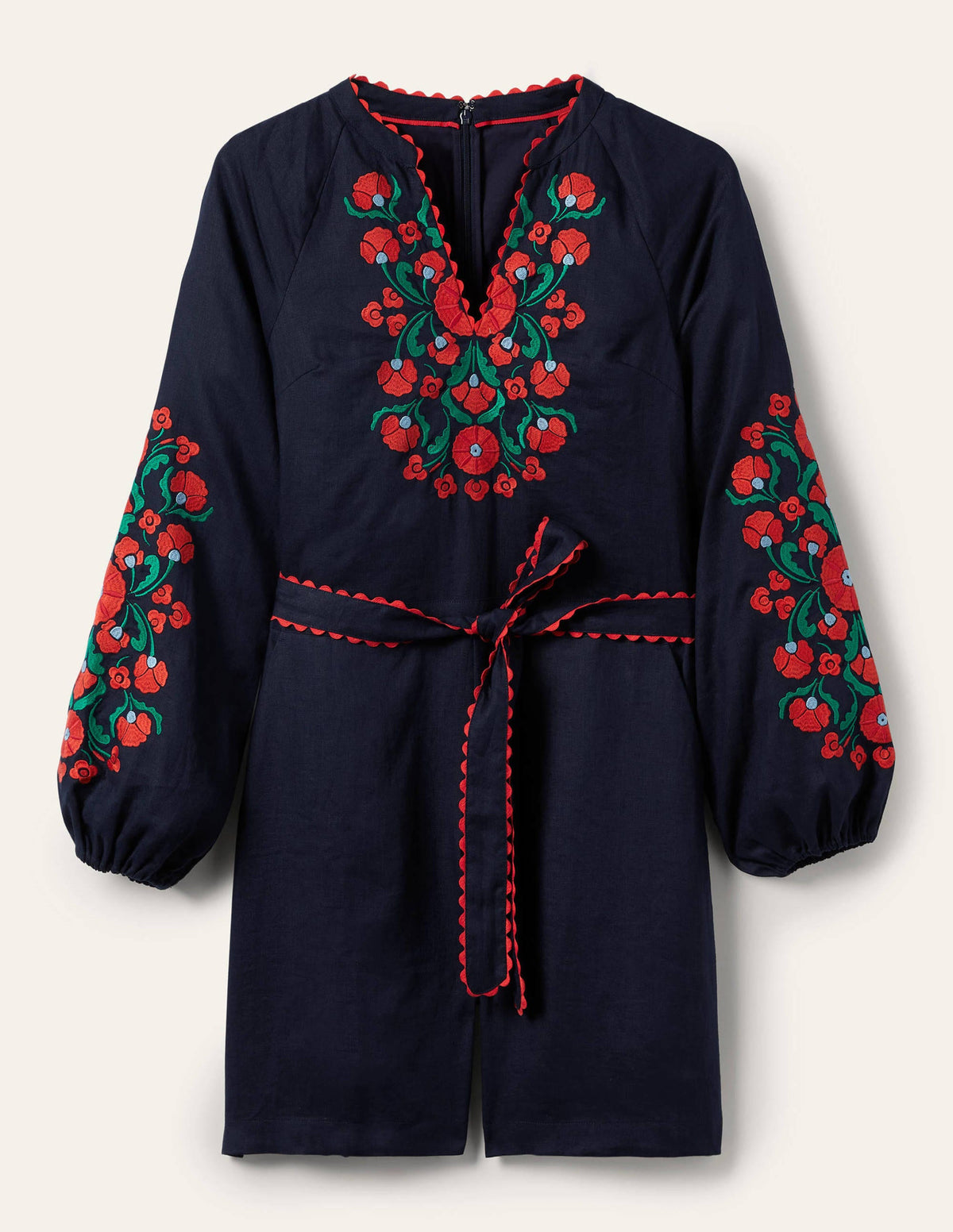 Embroidered Linen Playsuit-Navy, Passion Bloom-5