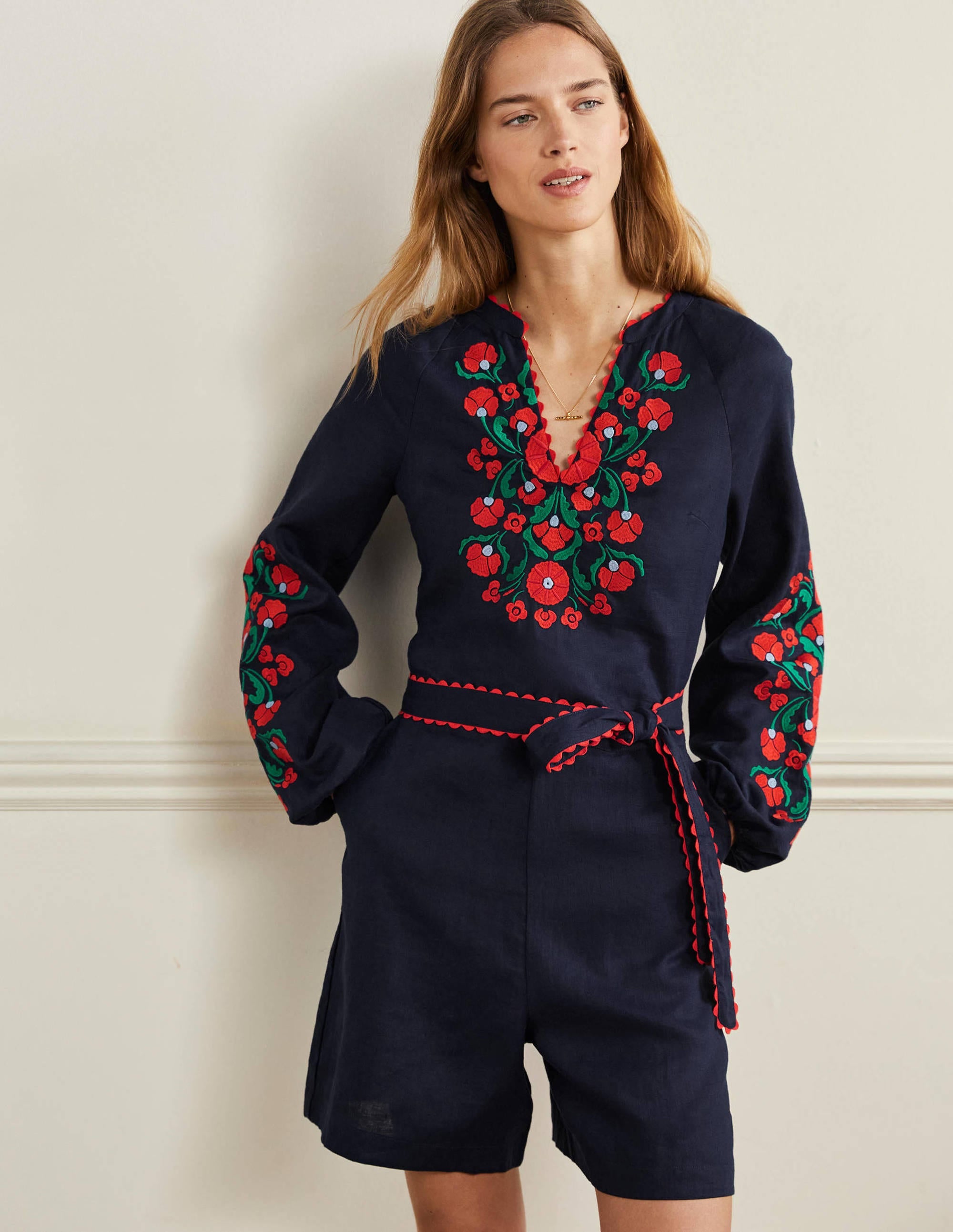 Embroidered Linen Playsuit-Navy, Passion Bloom - Image 1
