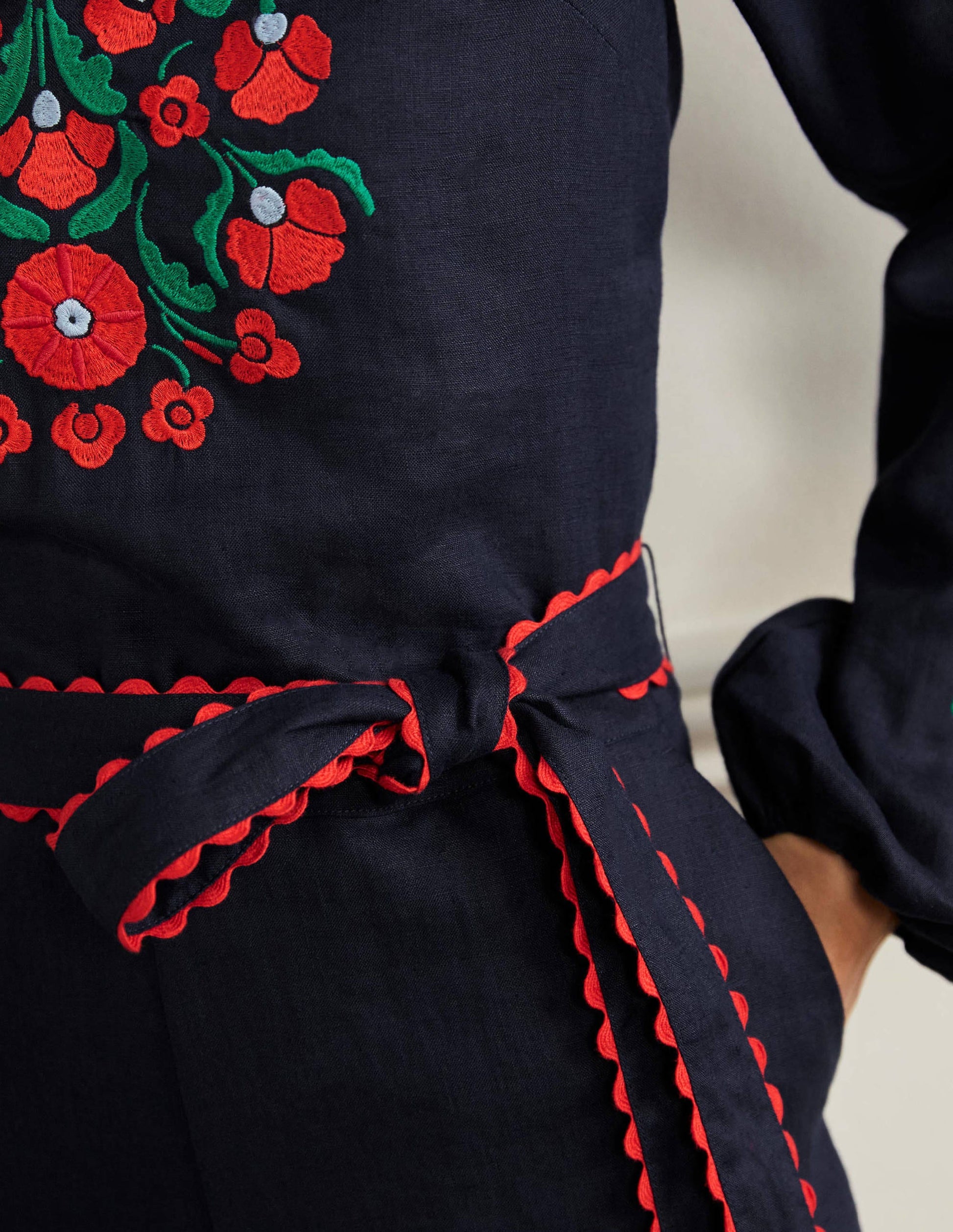 Embroidered Linen Playsuit-Navy, Passion Bloom-2