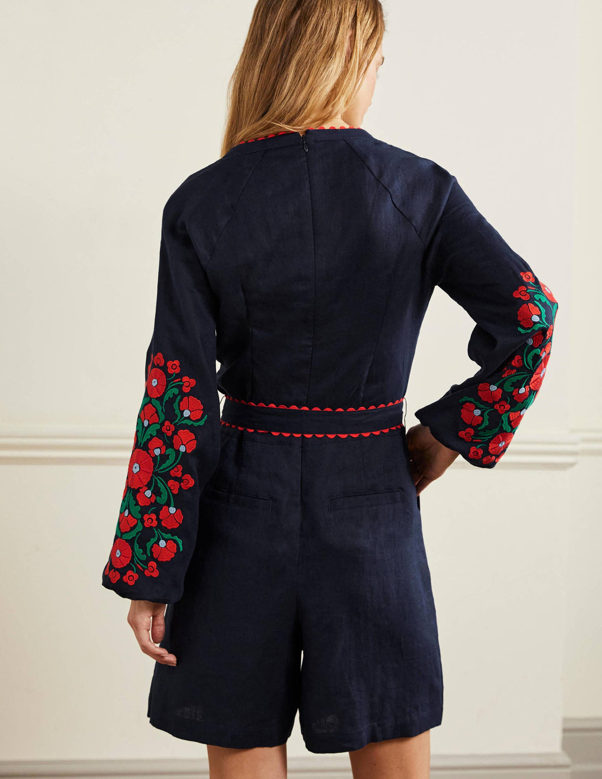 Embroidered Linen Playsuit-Navy, Passion Bloom-3