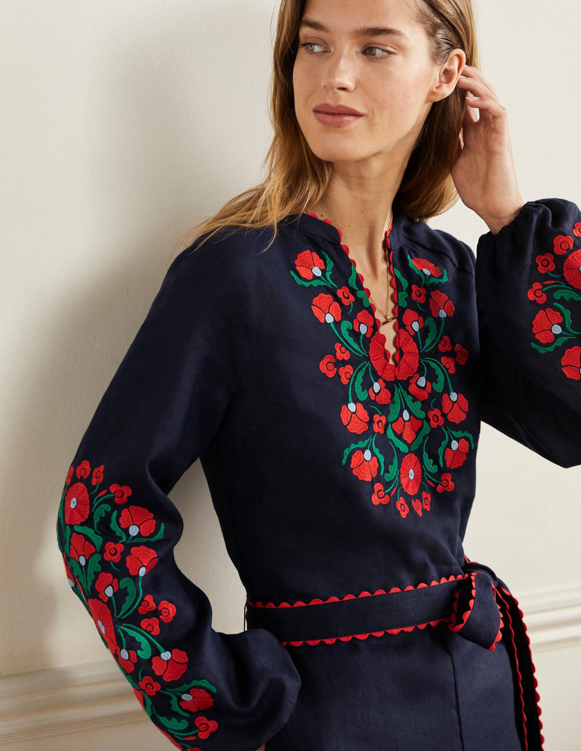 Embroidered Linen Playsuit-Navy, Passion Bloom - Image 4