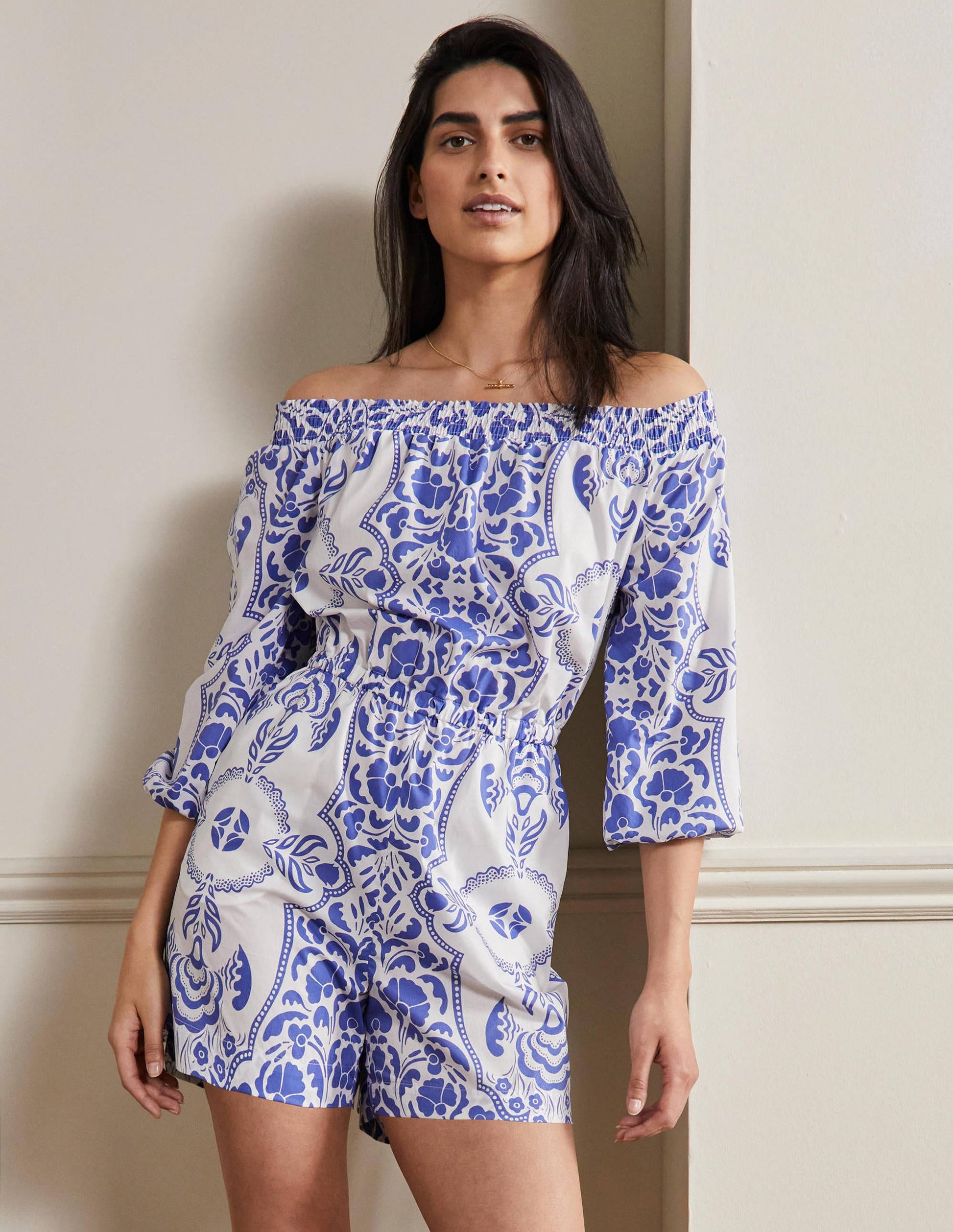 Off Shoulder Romper-Bluebell, Passion Bloom-1