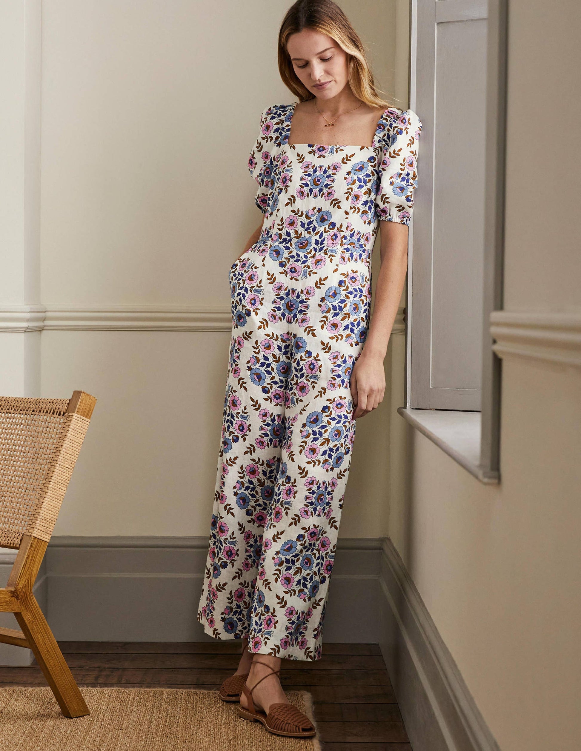 Square Neck Linen Jumpsuit-Multi, Wildflower Prairie-1