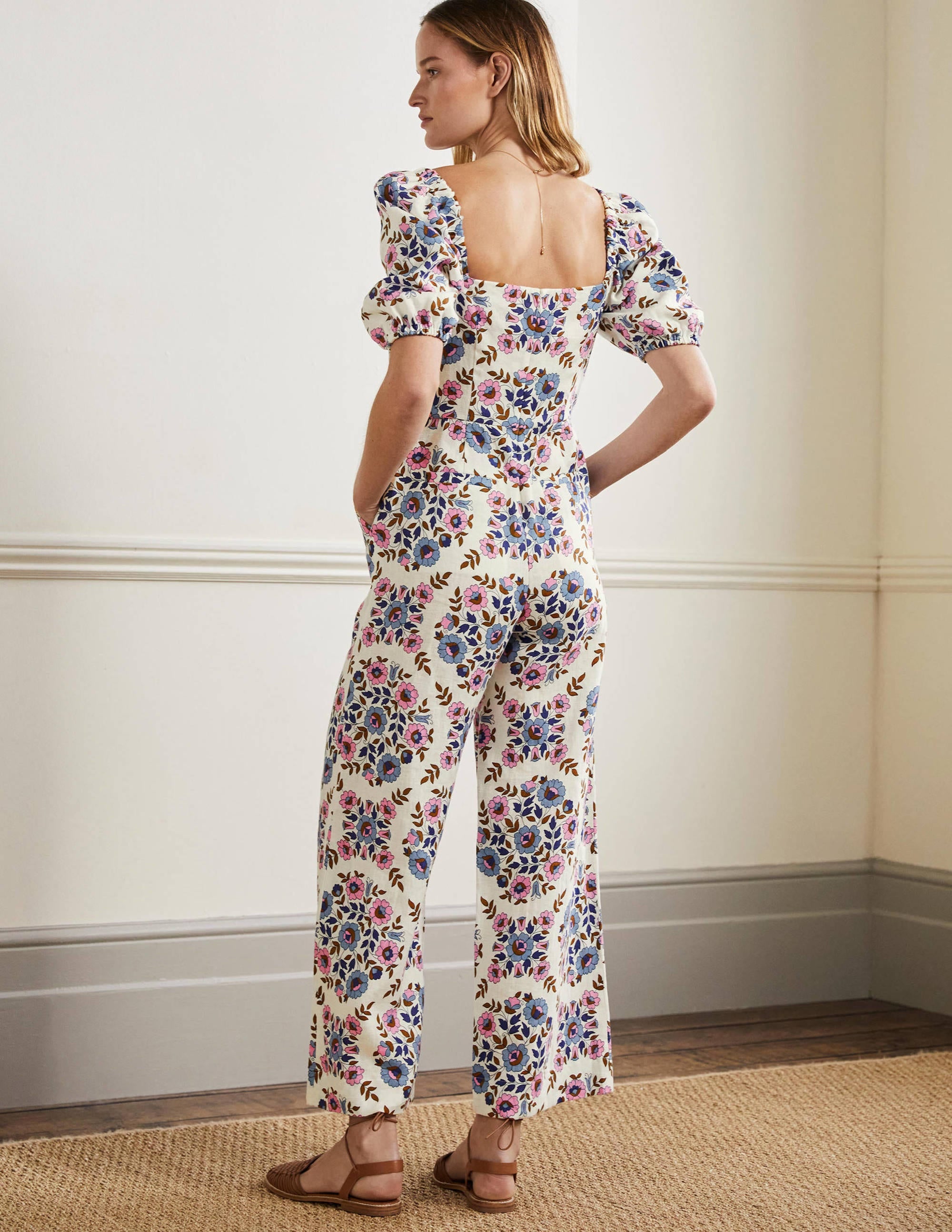 Square Neck Linen Jumpsuit-Multi, Wildflower Prairie - Image 3