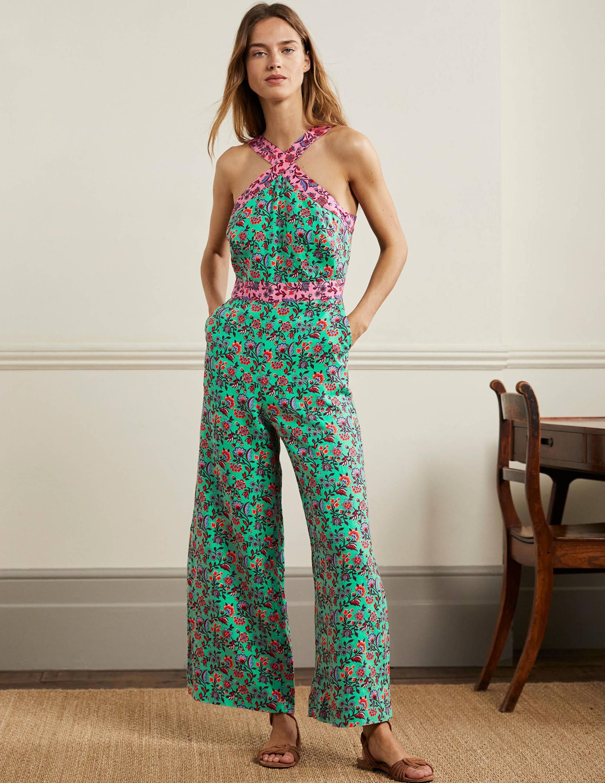 Cross Over Linen Jumpsuit-Green Lagoon, Oriental Meadow - Image 1