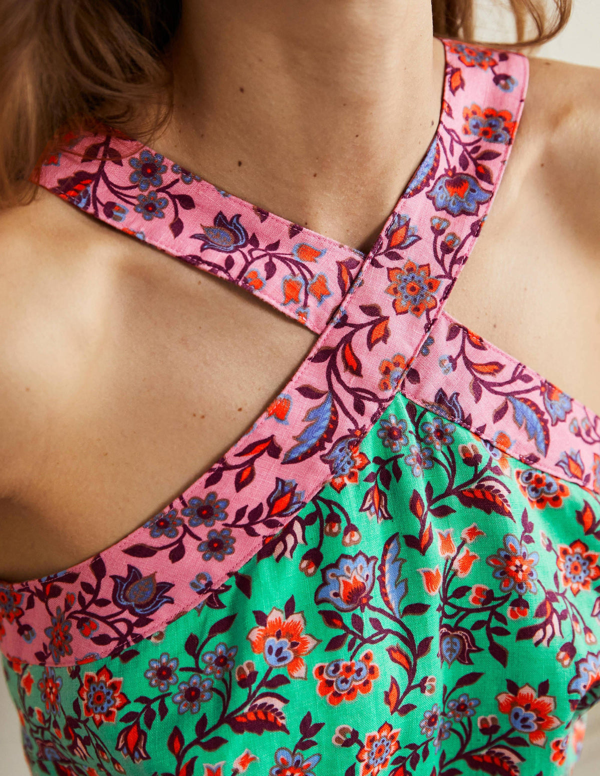Cross Over Linen Jumpsuit-Green Lagoon, Oriental Meadow - Image 2