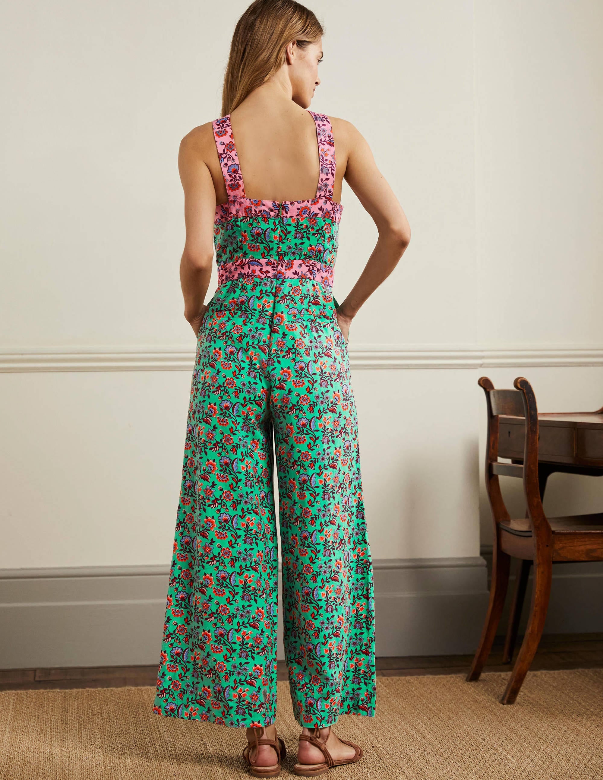 Cross Over Linen Jumpsuit-Green Lagoon, Oriental Meadow - Image 3